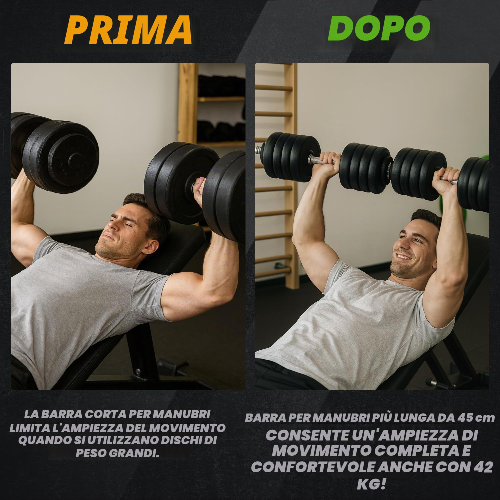 Manubri Palestra 45cm Acciaio Cromato – Extra Lungo, Filettata, 2 Collari Inclusi Compatibile Piastre Foro 25-28 mm – Grip Zigrinato Antiscivolo, Carico Esteso, Uso Domestico
