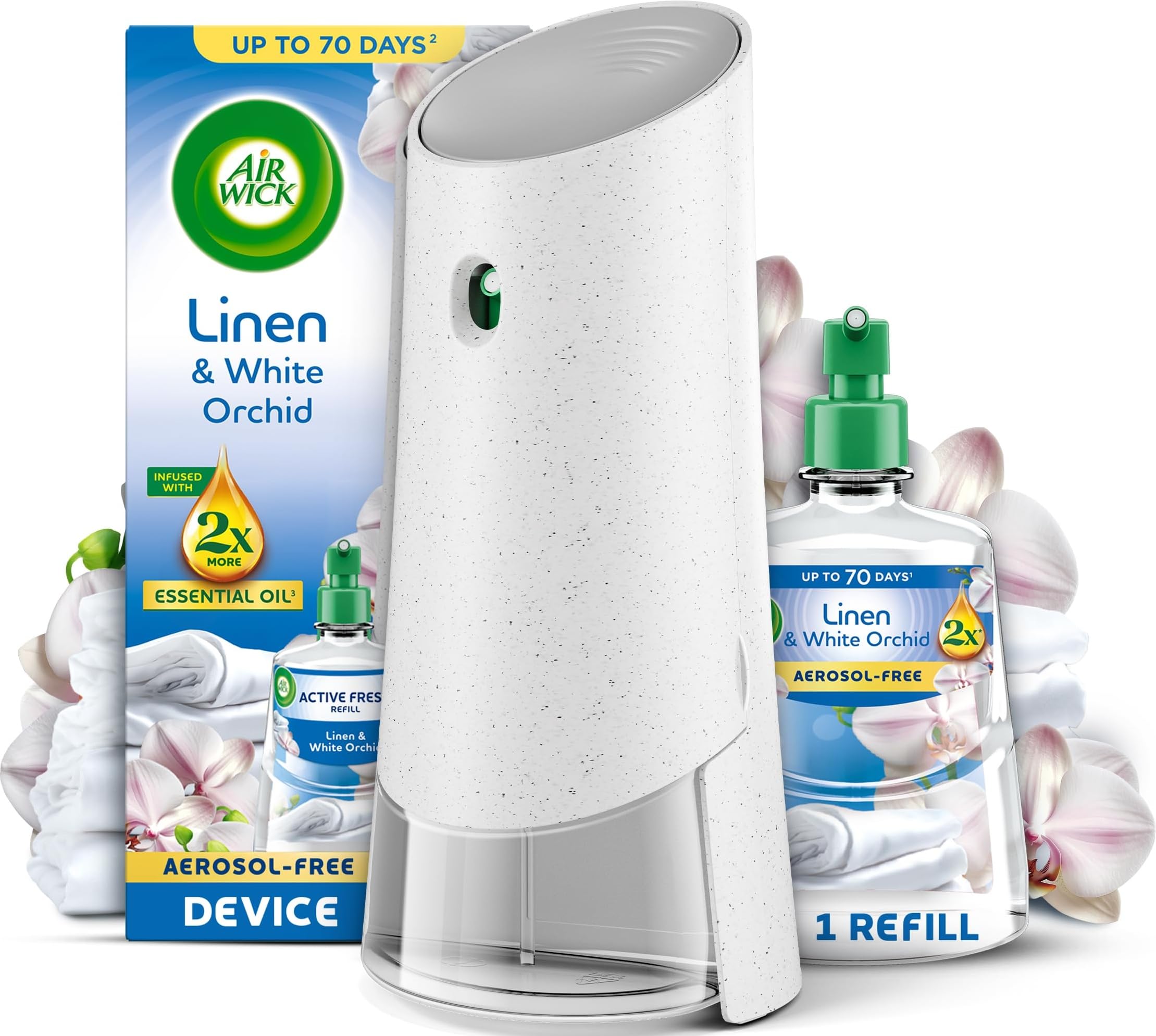 Air Wick Linen & White Orchid Aerosol-Free | 24/7 Active Fresh; lasts up to 70 days, Air freshener for your home with natural essential oils; no aerosol; battery spray.