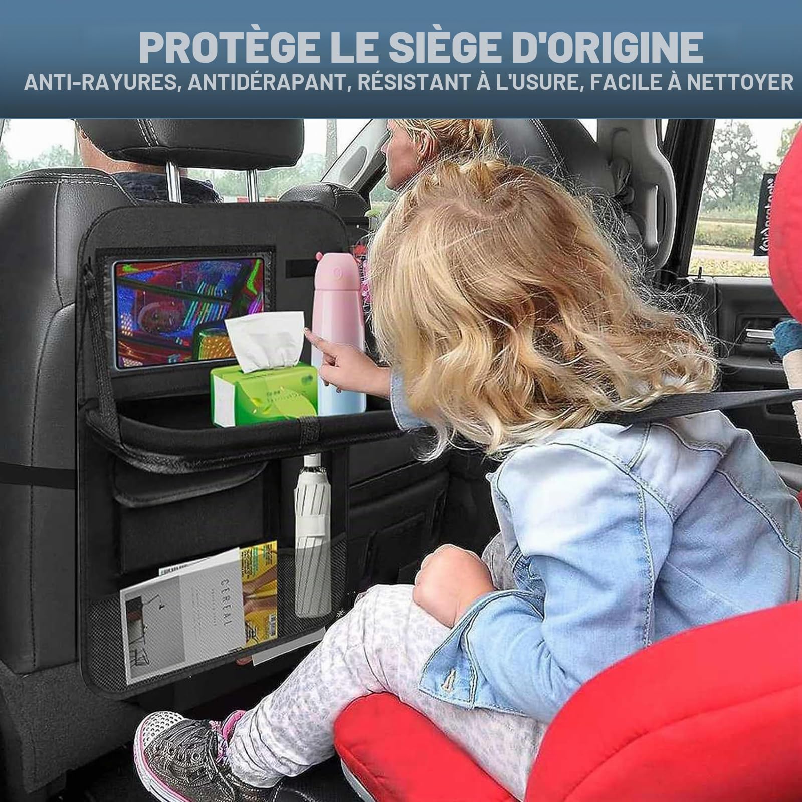 Lot de 2 organiseurs de siège de voiture, protections de siège arrière avec table de salle à manger pliable et centre de rangement en maille – Organiseur de siège arrière multi-poches pour jouets