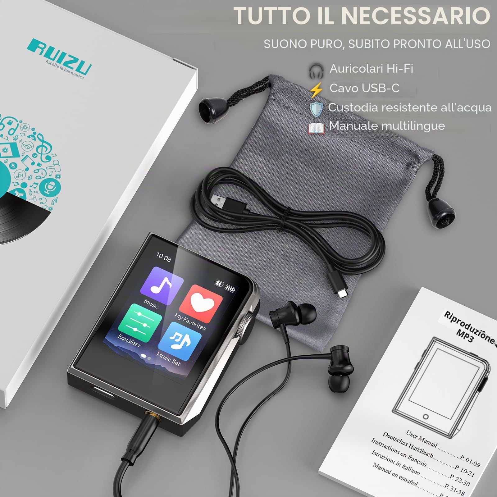 64GB HiFi Lettore MP3，DAC DSD Custodia in Lega di Alluminio CNC, Schermo Touch 2", Lettore Audio Digitale Portatile, Riproduzione con Ripresa, Espandibile fino a 128GB