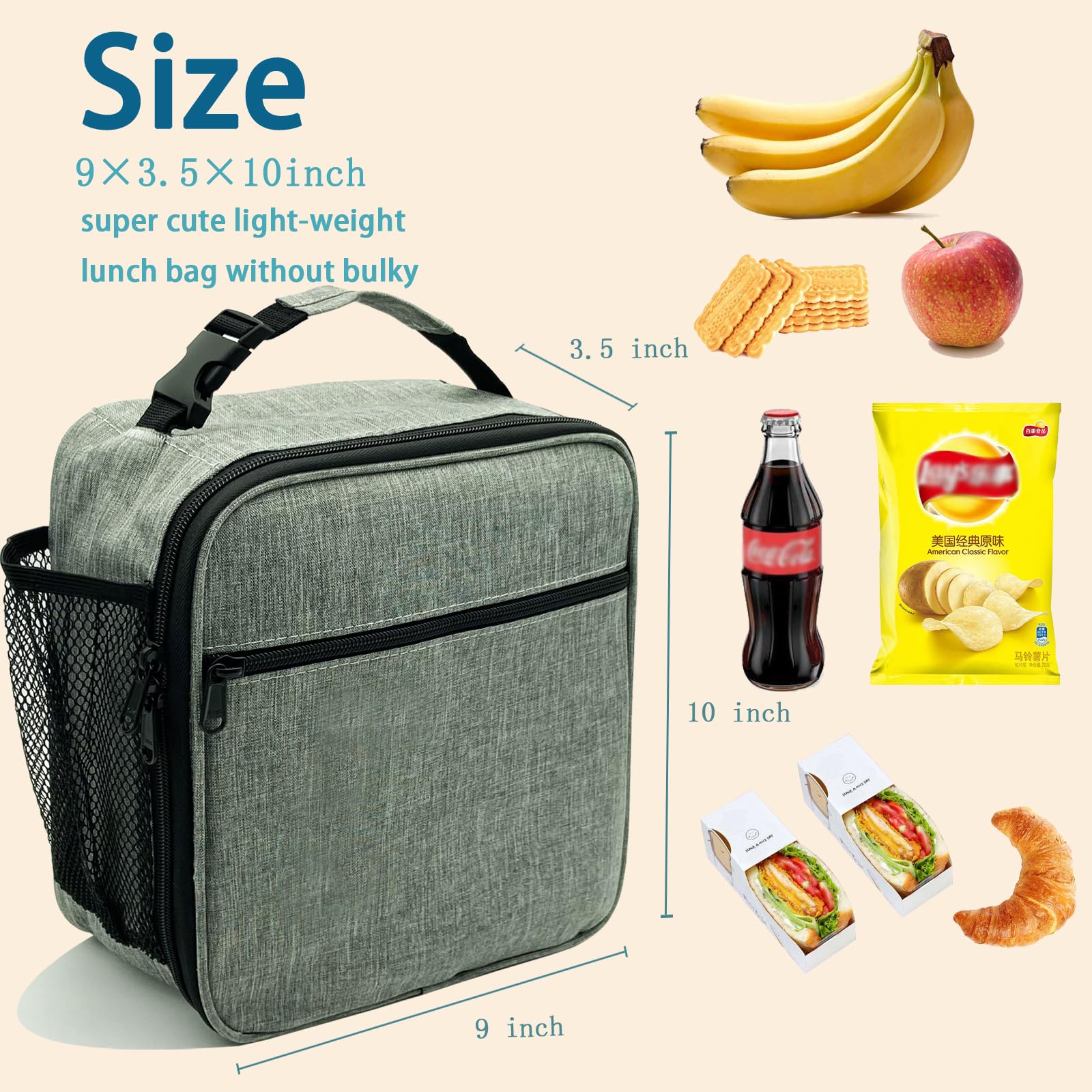 Kulle Lonchera para niños, lonchera aislada para niños y niñas, lonchera congelable, lonchera reutilizable para la escuela, el trabajo, al aire libre (gris)