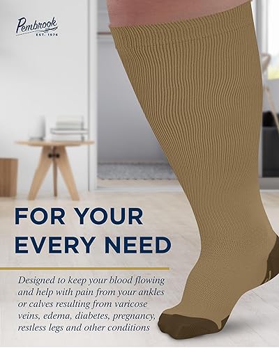 Miniatura 4 de Pembrook Calcetines de compresión de talla grande, pantorrilla ancha, hasta 6XL, 20-30 mmHg, color tostado, calcetines de compresión para mujer,