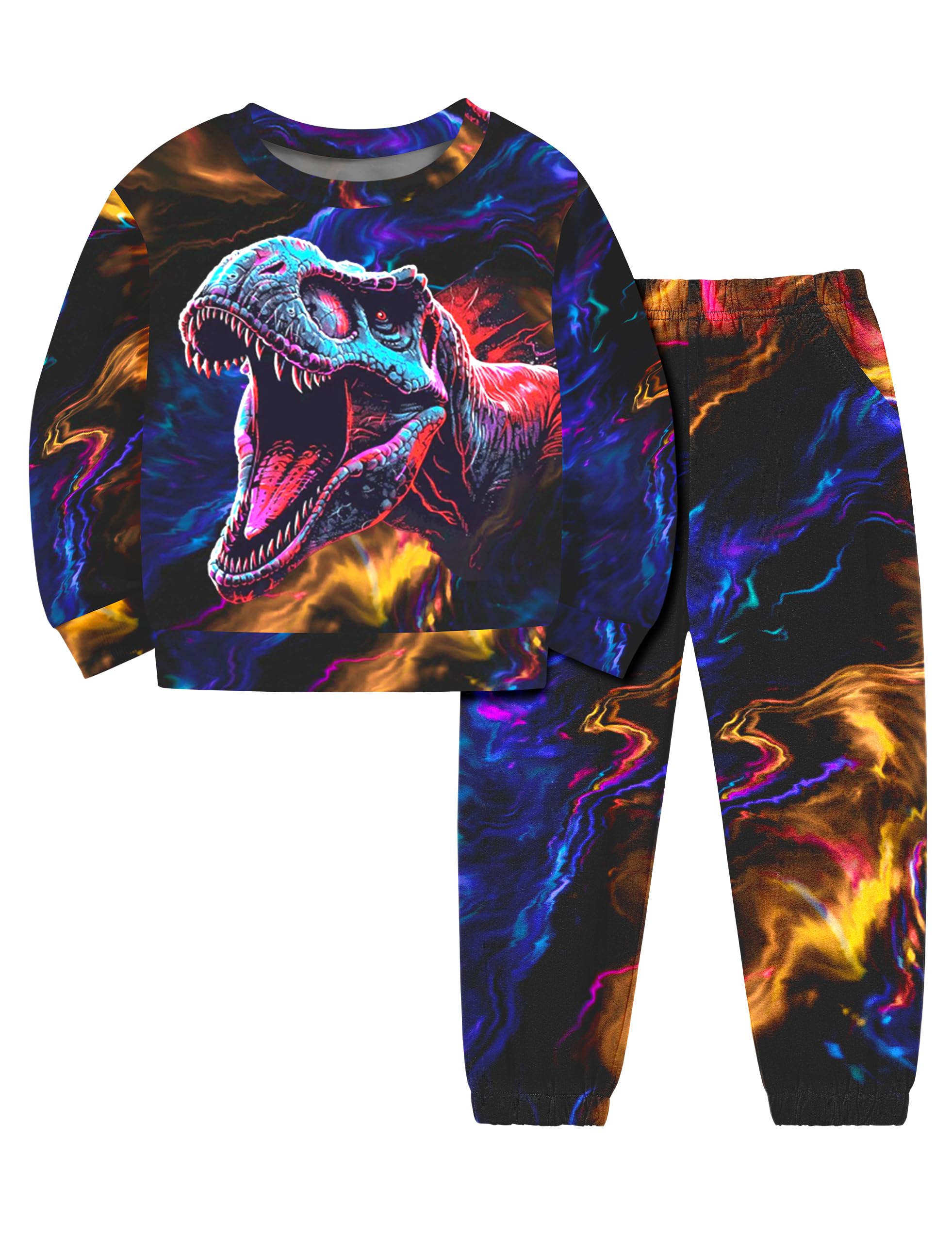 Boys Clothes, T-Rex Print Dinosaur Boy Clothes Fall Winter Outfits Long-sleeved Hooded Sweatshirt Pants 2Pcs Set