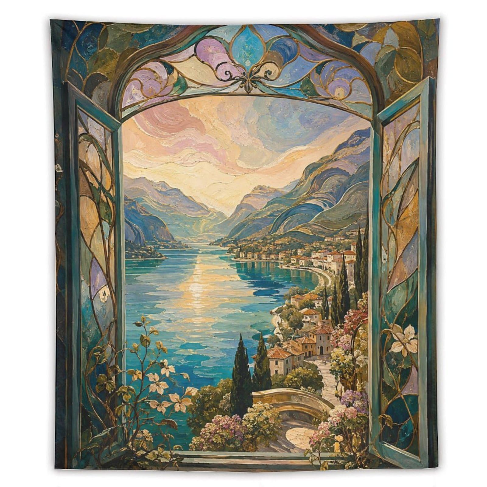 W7C8U2X3 Stained Glass Lake Window Wall Tapestry, Mosaic Style, Dorm Room