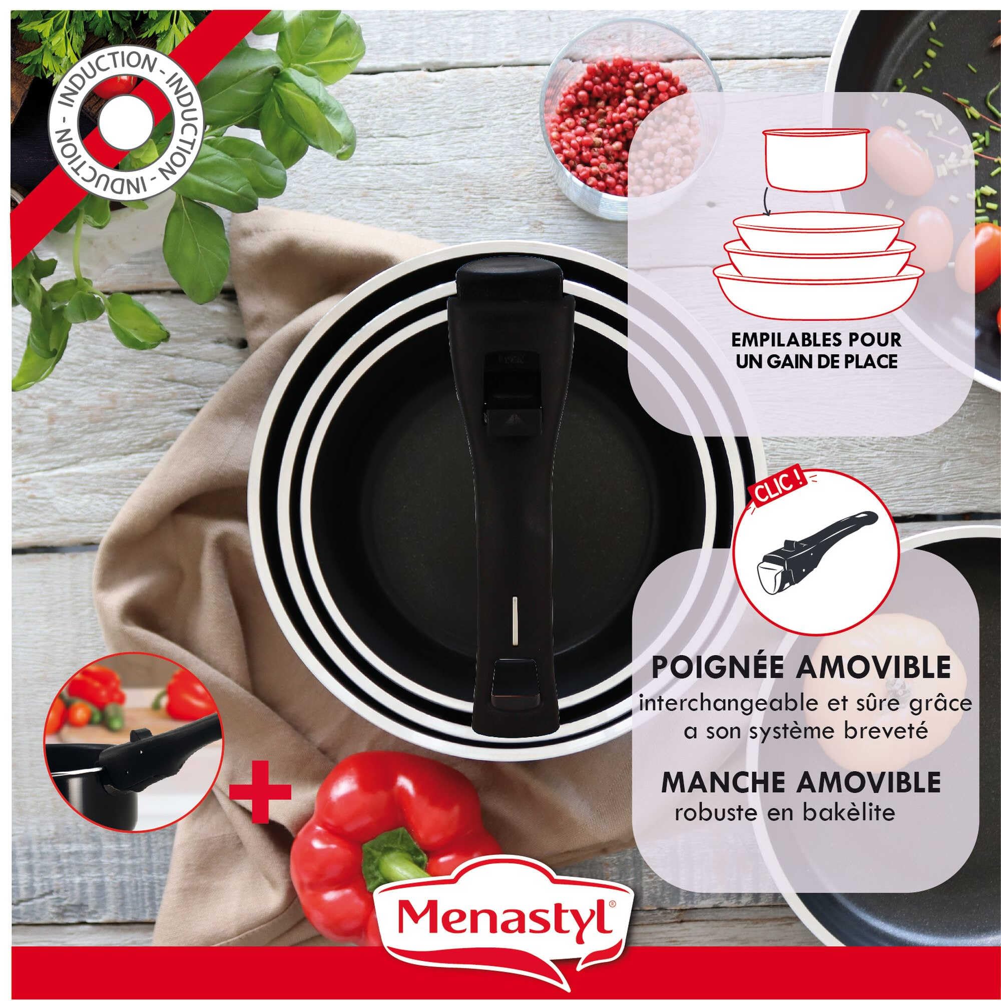 MENASTYL - Batterie de cuisine amovible 5 pièces Iris en aluminium noir antiadhésive - Compatible tous feux dont induction et lave-vaisselle - 2 casseroles + 2 poêles + 1 poignée amovible - 6020437