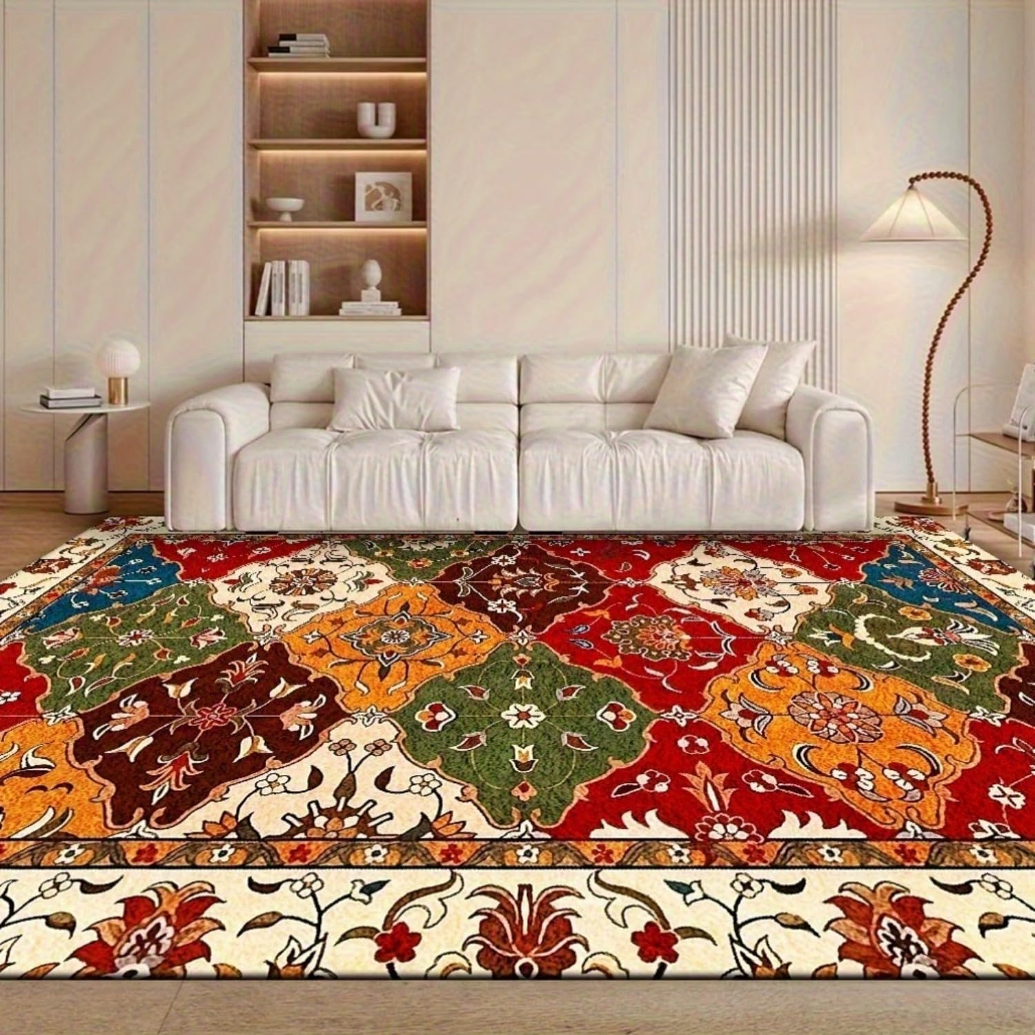 USHIRUG Bohemian Floral Area Rug,180x260cm Rustic Farmhouse Pastoral Style, Colorful Flowers and Leaves Exotic Washable Rug, Non-Slip, Absorbent, Thin Printed Carpet for Living Rooms Bedrooms
