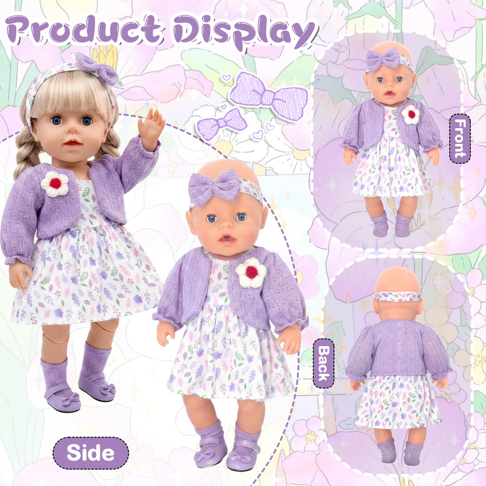6 sztuk fioletowych ubranek dla lalek niemowlęcych 35-43 cm, słodkie kwiatowe ubranka dla lalek niemowlęcych 14-17 cali, płaszcz, sukienka, opaska na głowę, skarpetki, buty, wieszak na ubrania