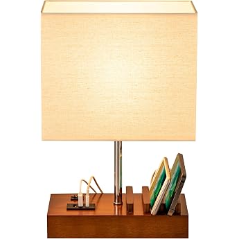Dreamholder Table Lamp with 3 USB A+C Ports 3 Phone Stands Modern USB Bedside Lamp for Bedroom Living Room Office Bedside Lamp with Walnut Wood Base & Fabric Shade [Energy Class E]