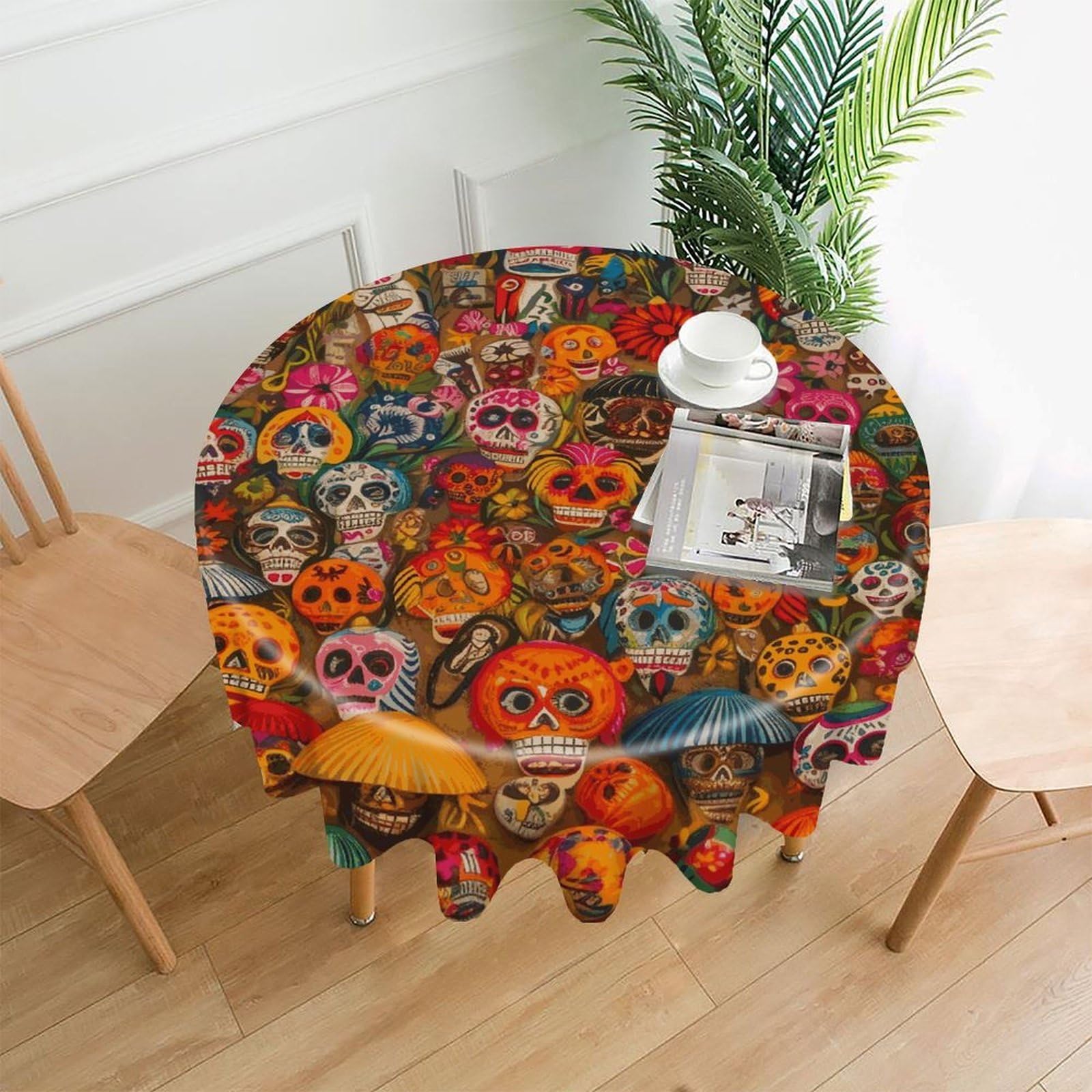 MUSM 60 Inch Mexican Folk Art Round Tablecloth Wipeable Washable Table Cover for Kitchen and Dining Room Decorative Table Cloth for Party Holiday Picnic Outdoor