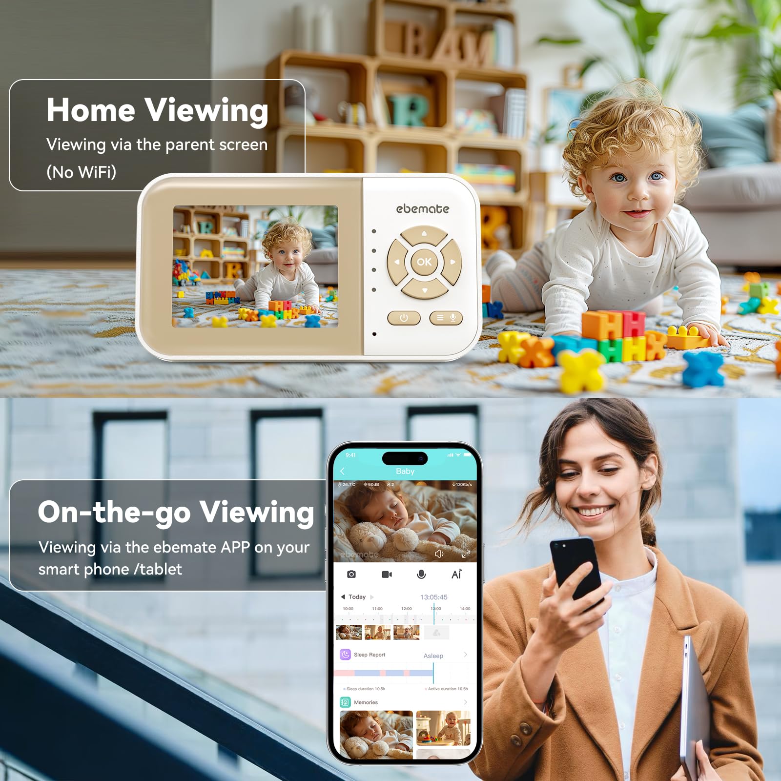 ebemate Monitor de video WiFi para bebé, pantalla de 2.8 pulgadas con cámara 1080P, visión nocturna sin brillo, conversación bidireccional y alcance de 1500 pies, cámara WiFi de encendido