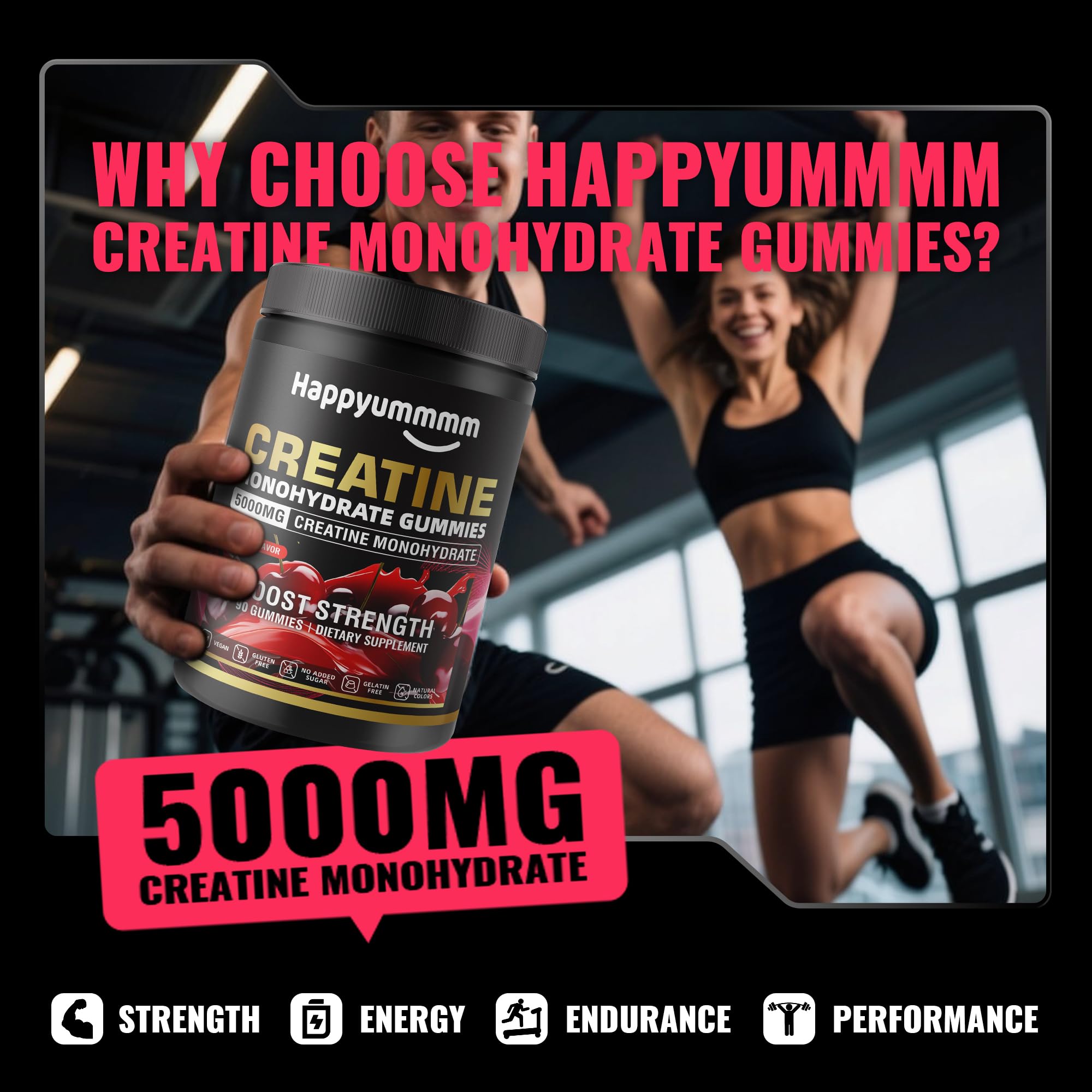 Creatine Monohydrate Gummies, NSF Certified, 5g Dose for Men & Women to Support Muscle, Strength, Recovery, Cognitive Health & Memory, Cherry Flavor, 90 Gummies — Amazon image 2