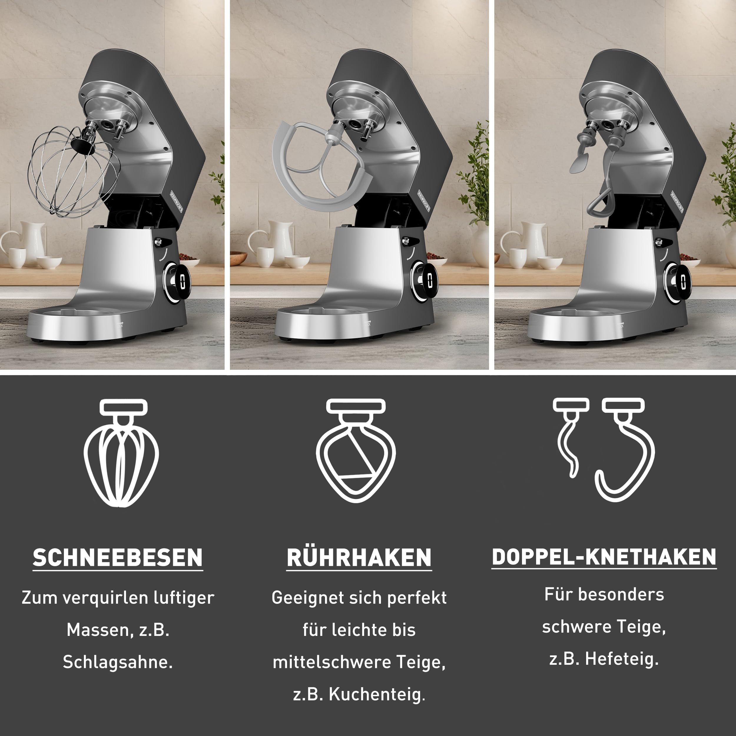 Heinrichs´s Küchenmaschine, Knetmaschine, Teigmaschine, 2500W Küchengerät, Doppel-Knethaken, Rührhaken, Schneebesen, 8 einstellbare Geschwindigkeiten, XXL 8L Edelstahlschüssel,geräuscharm, Titan