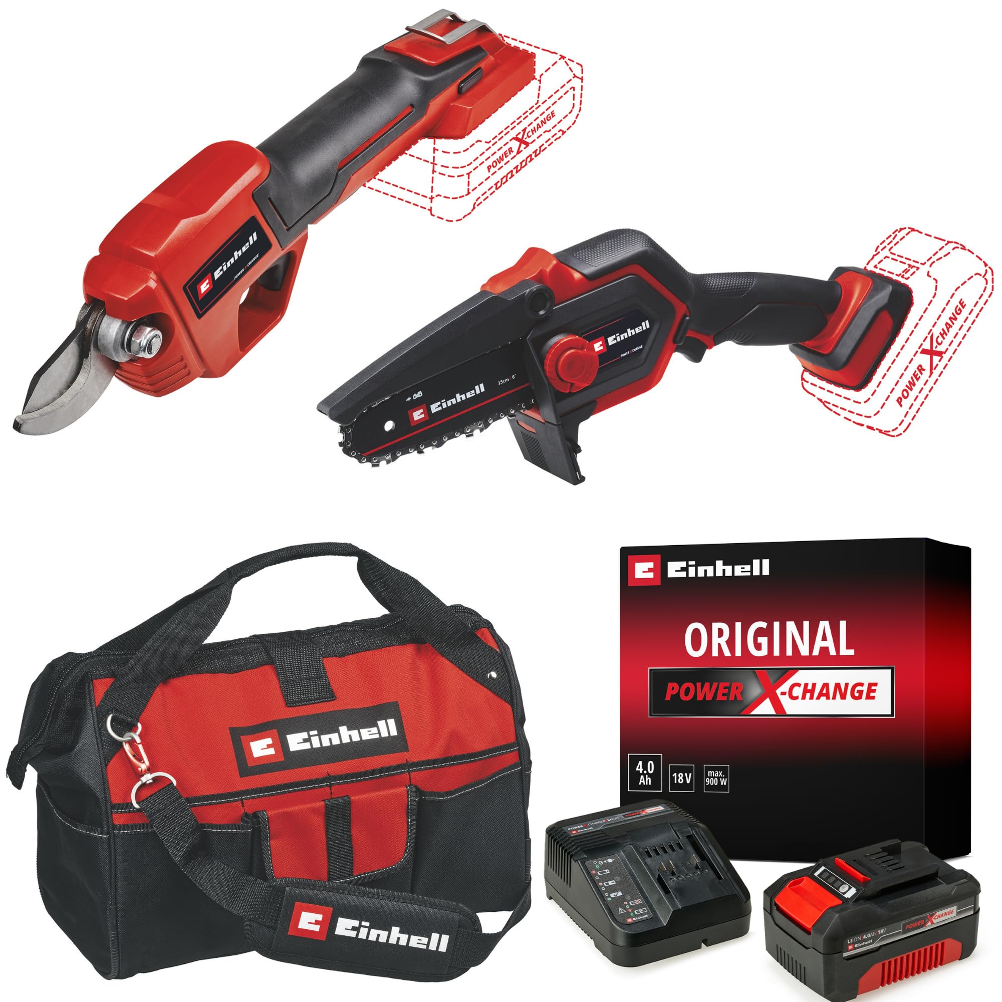 Einhell GE-PS 18/15 Li BL + GE-LS 18 Li Akülü Dal Budama Testeresi ve Budama Makası Seti (4,0 Ah Akü ve Şarj Cihazı, Çanta Dahildir)