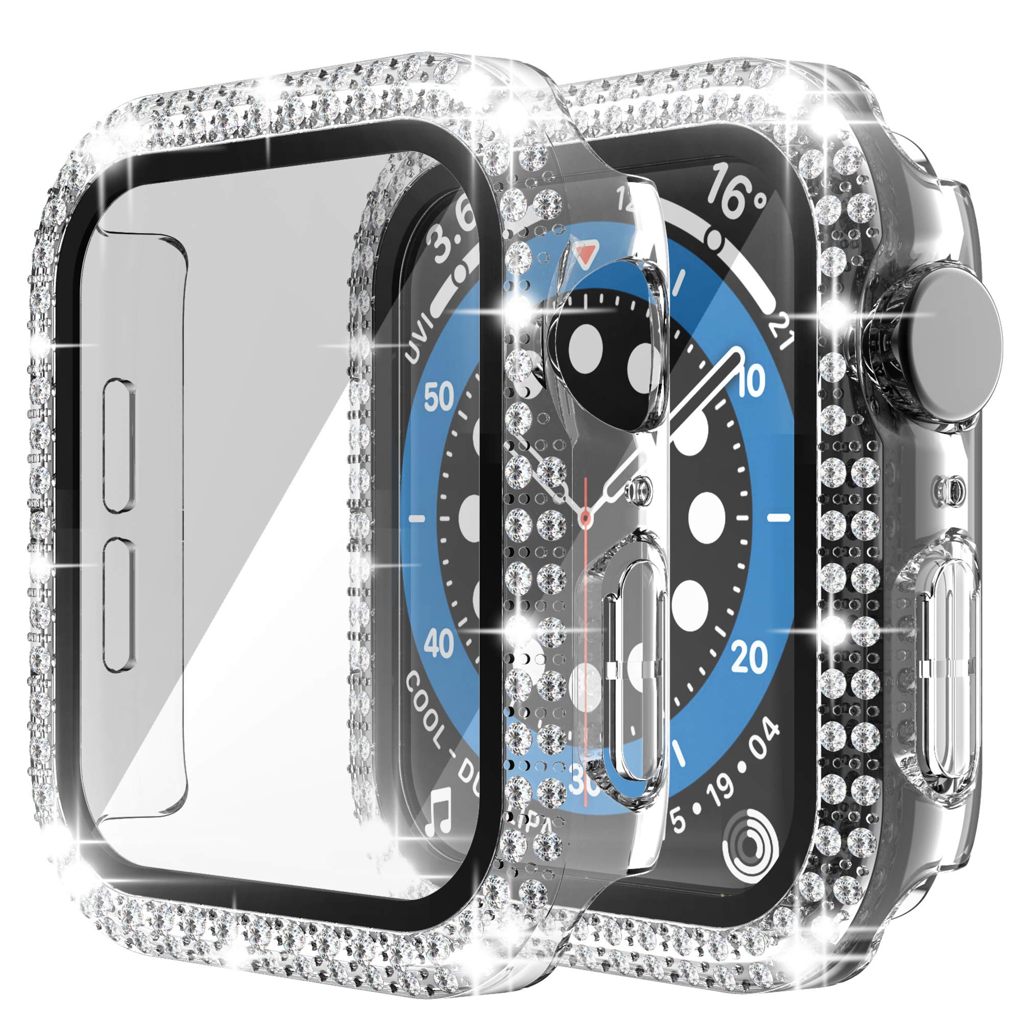 RICHONE Bling Case Compatible with Apple Watch Series 3 2 1 42mm, Double Row Diamonds Cover with 3D Tempered Glass Screen Protector Bumper (Clear, 42mm)