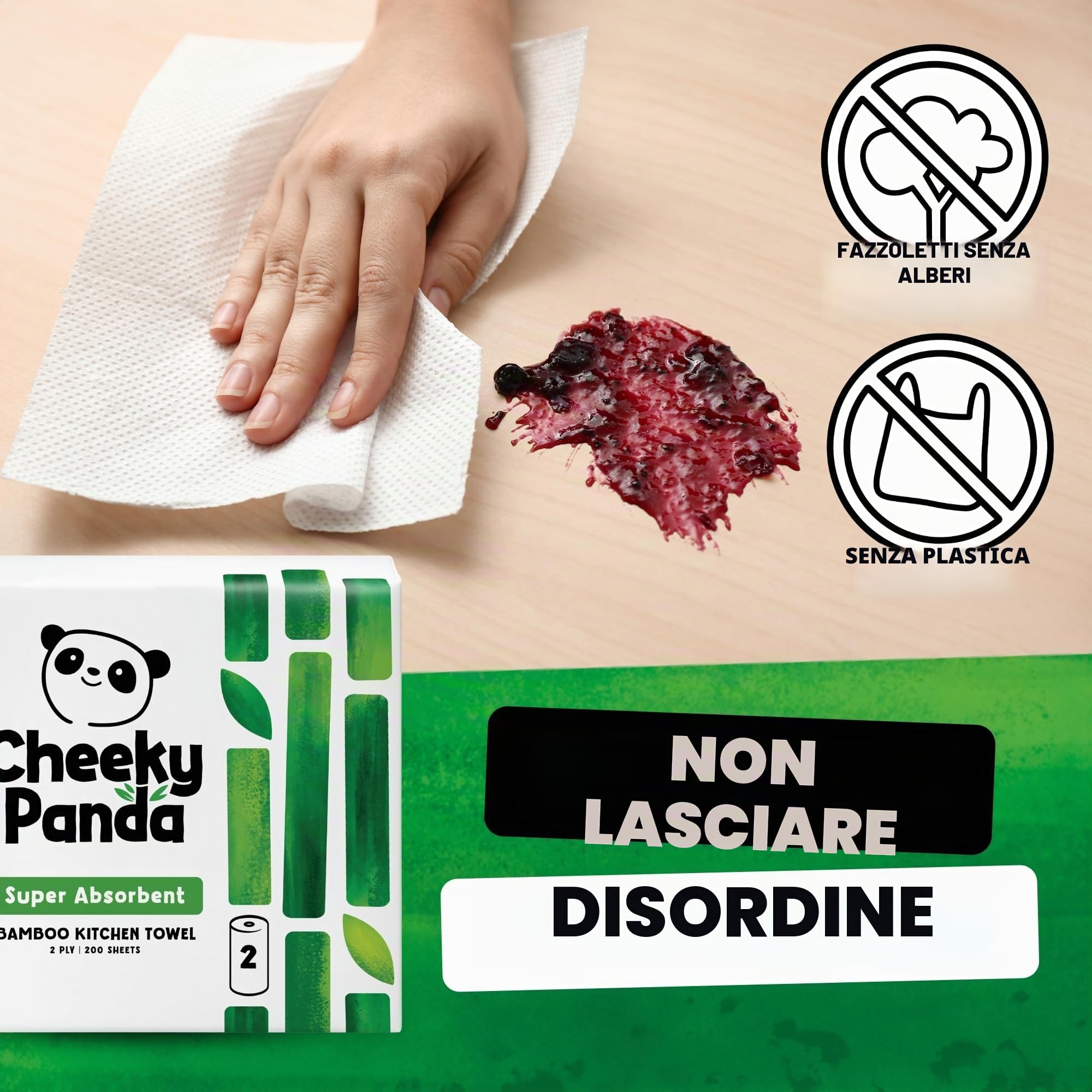 The Cheeky Panda Carta Cucina in Bambù | 10 Rotoli Carta Asciugatutto (5 Confezione da 2 Rotoli) 1000 Fogli Assorbenti a 2 Veli | Carta Casa