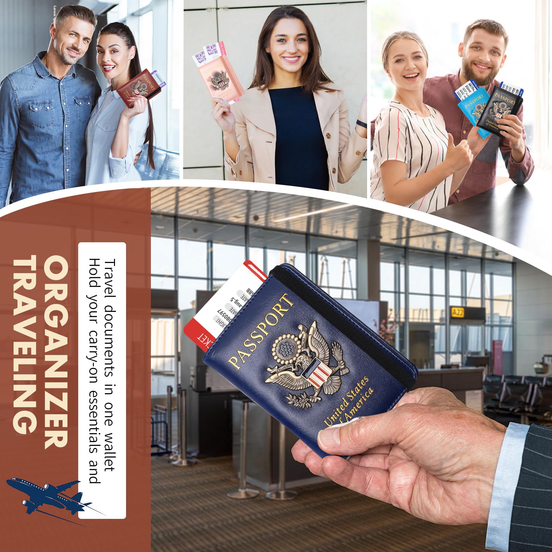 Funda para pasaporte, cartera de viaje con bloqueo RFID, carteras para pasaporte, organización de pasaporte familiar, funda personalizada para hombres y mujeres, imprescindible de viaje, Negro -, 3