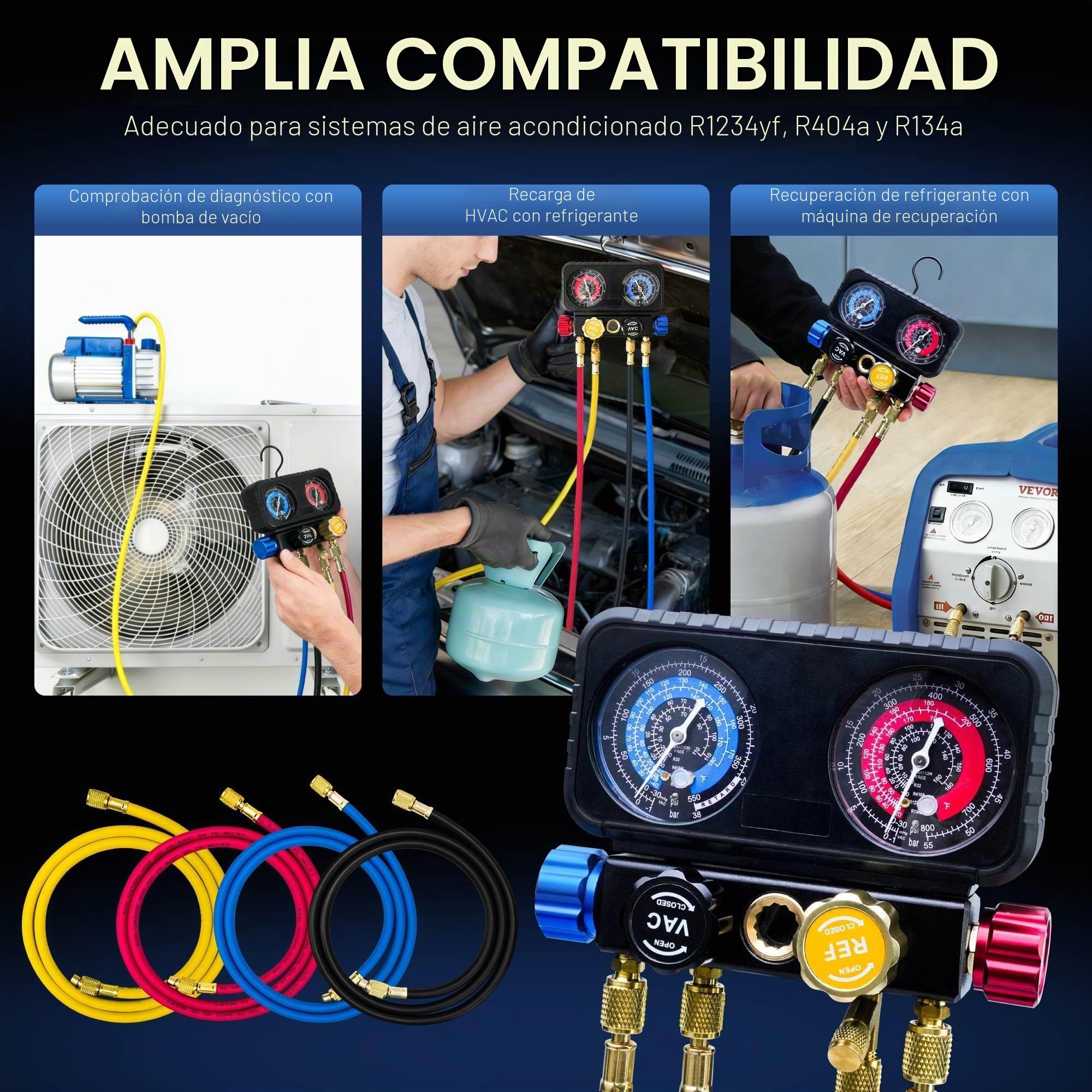 CALPOSE Juego de medidores de aire acondicionado R1234yf, juego de manómetros de aire acondicionado de 4 vías para refrigerante R1234yf R134a R404a, juego de manómetros de 4 válvulas con mangueras de