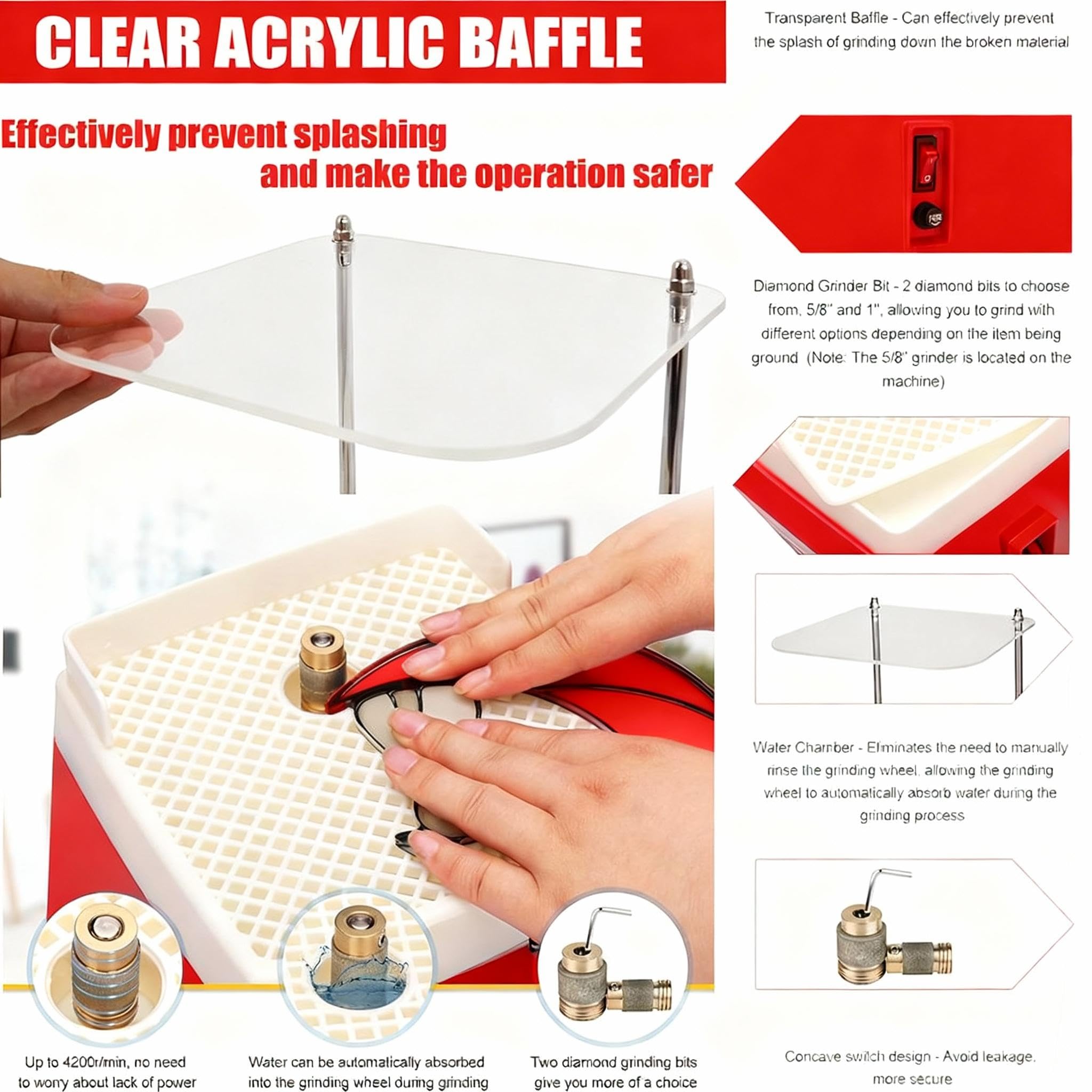 Smerigliatrice per Vetro Portatile,220V,con Funzione di Aspirazione,Protezione Trasparente,5 Testine Smerigliatrici Intercambiabili Accessori universali,design a doppio strato,per Vetro e Ceramica