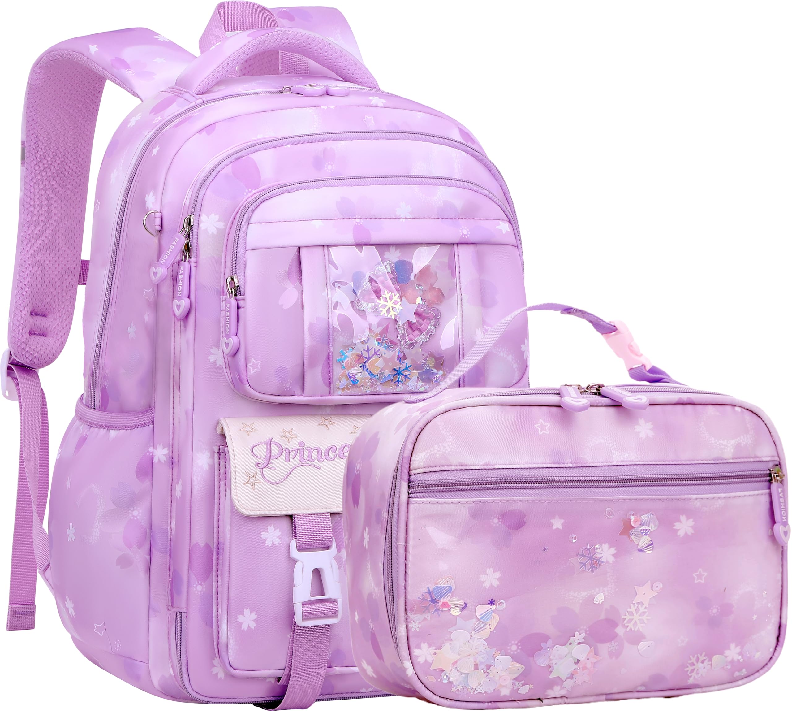 Wraifa Girls Backpack and Lunch Box Set - Sequin Backpack for Girls Elementary School Preschool Princess Kids Bookbag (Lunch Bag Set Purple)