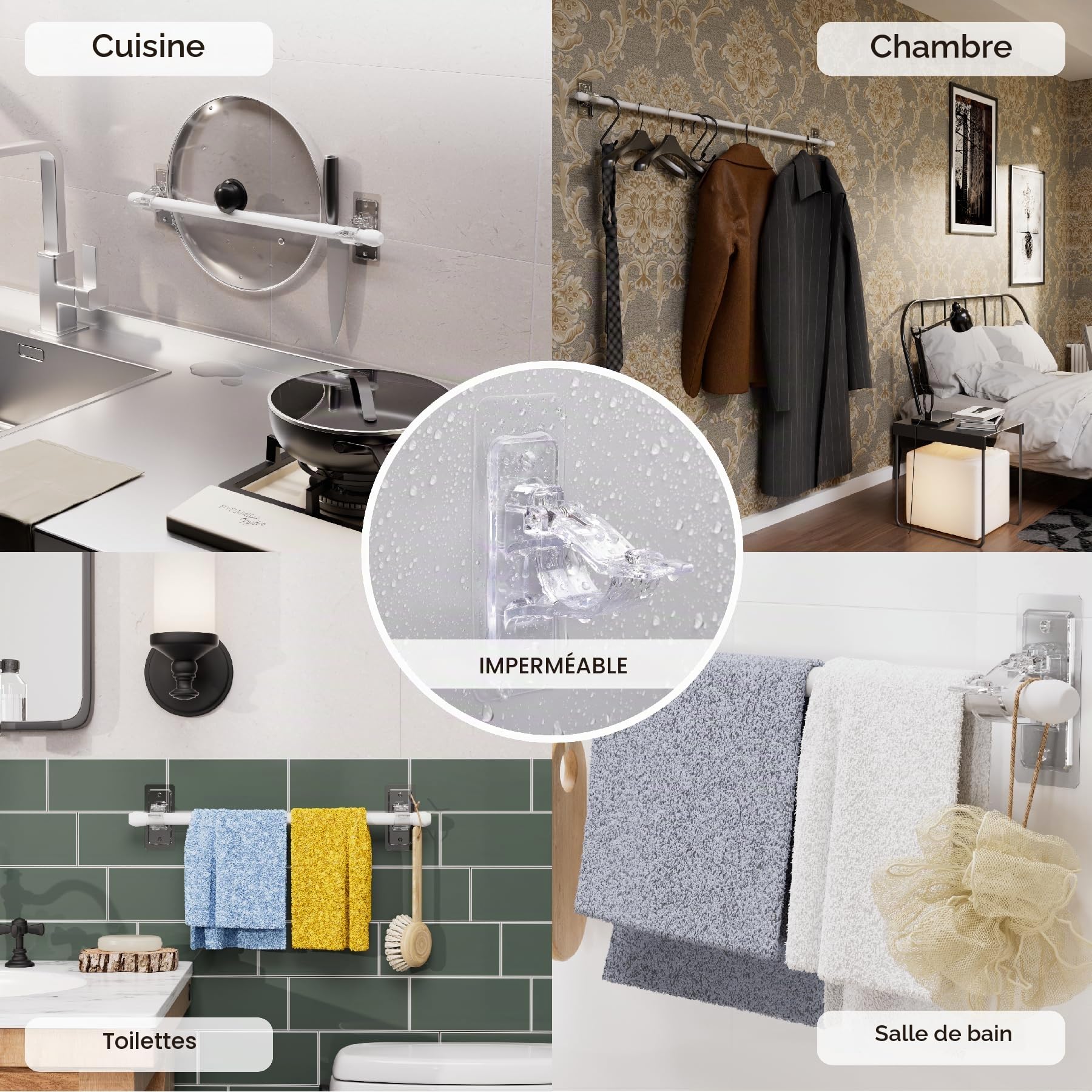 Antimbee Lot de 6 supports de tringle à rideaux auto-adhésifs sans perçage - Multifonctions - Sans clous - Pour dortoir, salle de bain, chambre à coucher, salon
