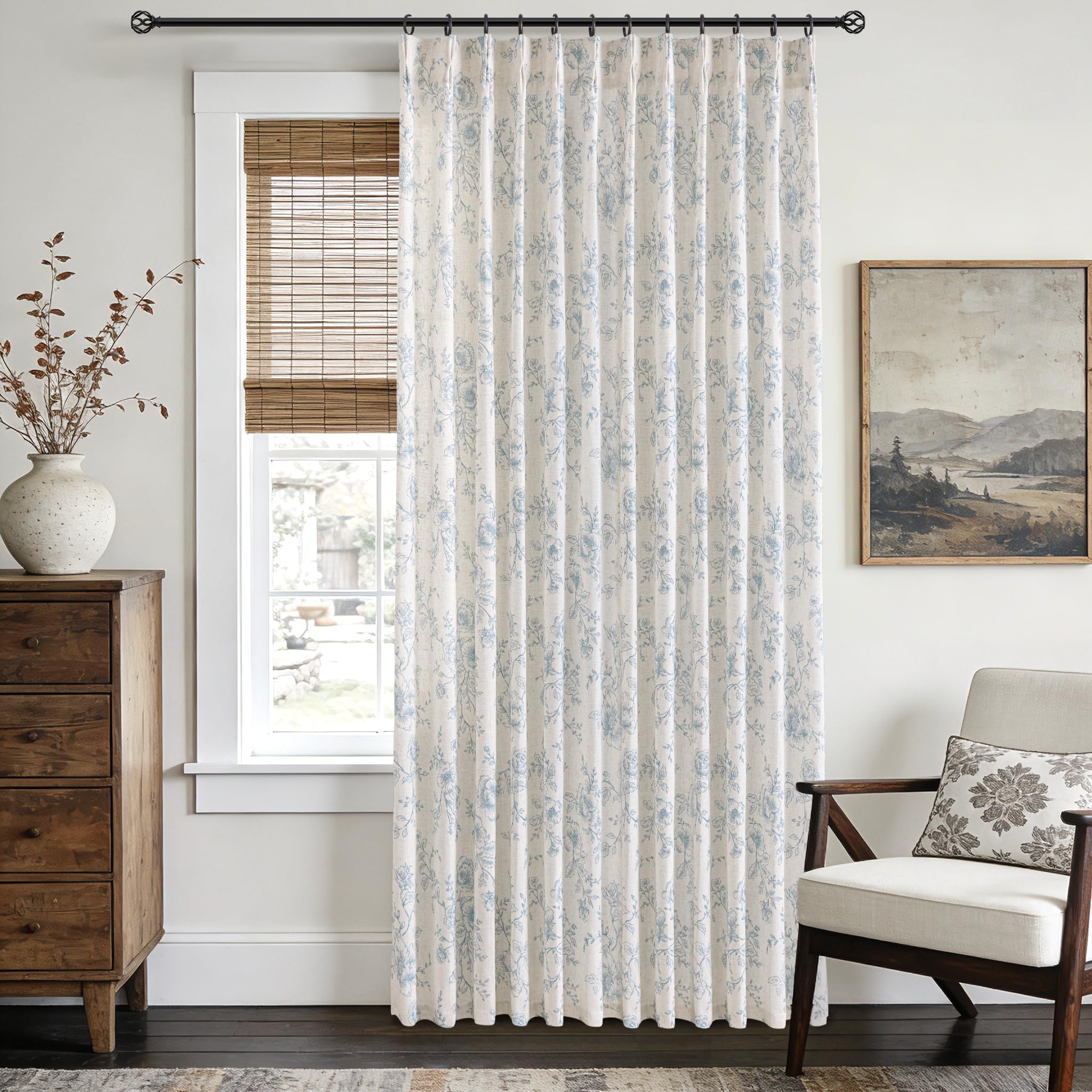 Photo 1 of Meikelor Blue Pinch Pleated Floral Curtains 132 inch Long for Living Room 70" W x 132" L