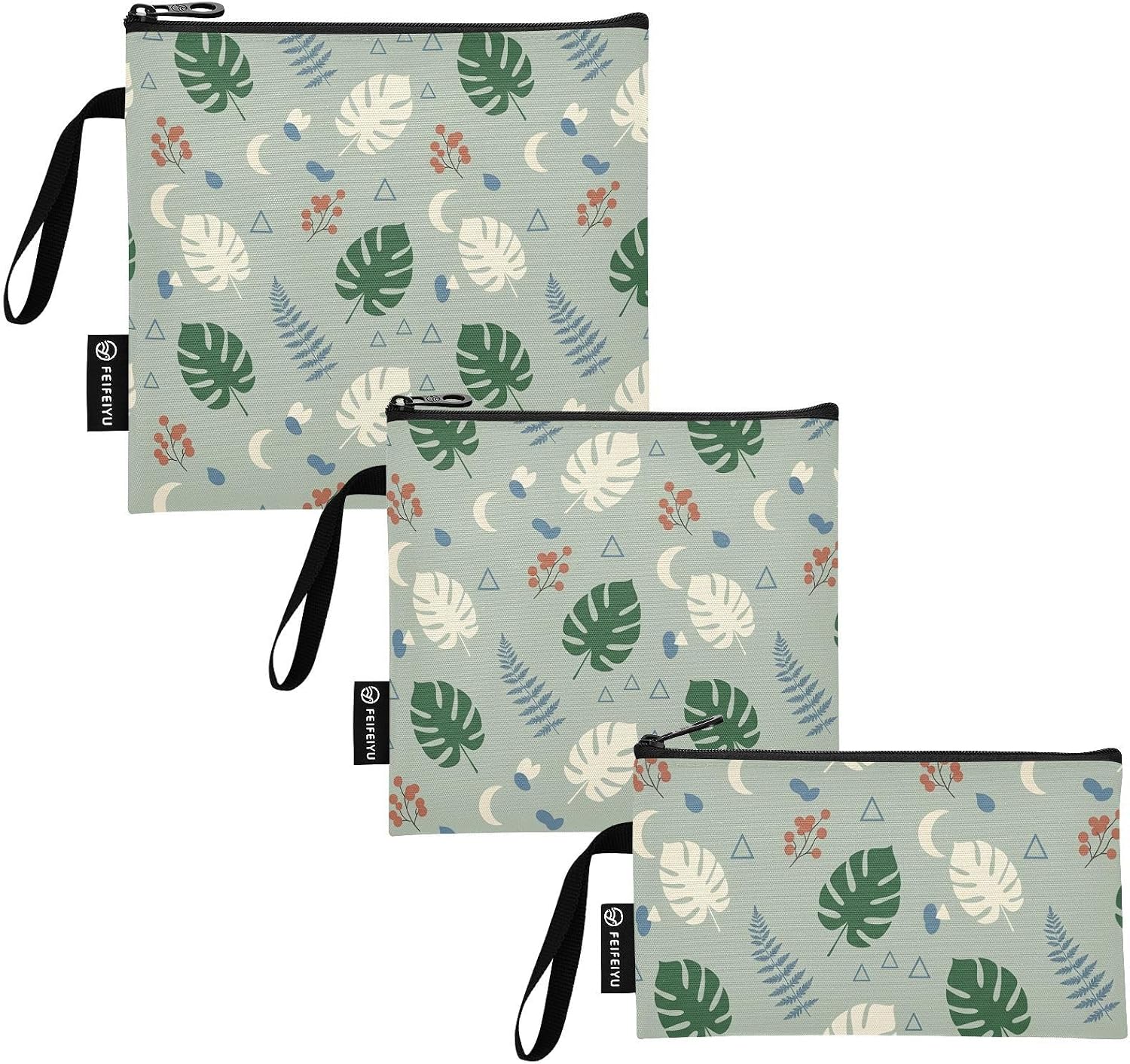 White Green Leaves 3 Pack Reusable Food Bag Sandwich Bags Snack Pouch with Zipper Washable Food Storage Bags for Lunch Travel Office