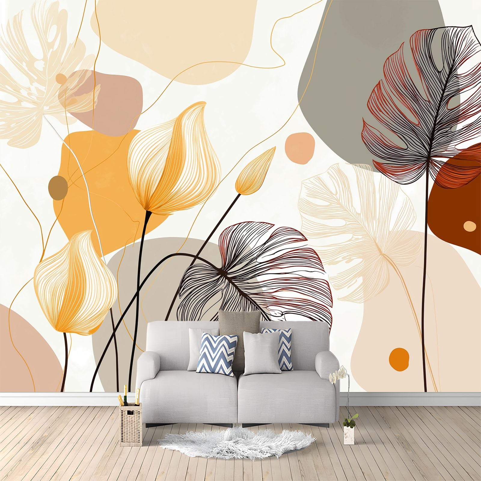 Panoramiczna tapeta minimalistyczna Boho geometryczne liście, gigantyczny plakat ścienny z włókniny, gobelin do dekoracji salonu i pokoju dziecięcego 400 x 280 cm