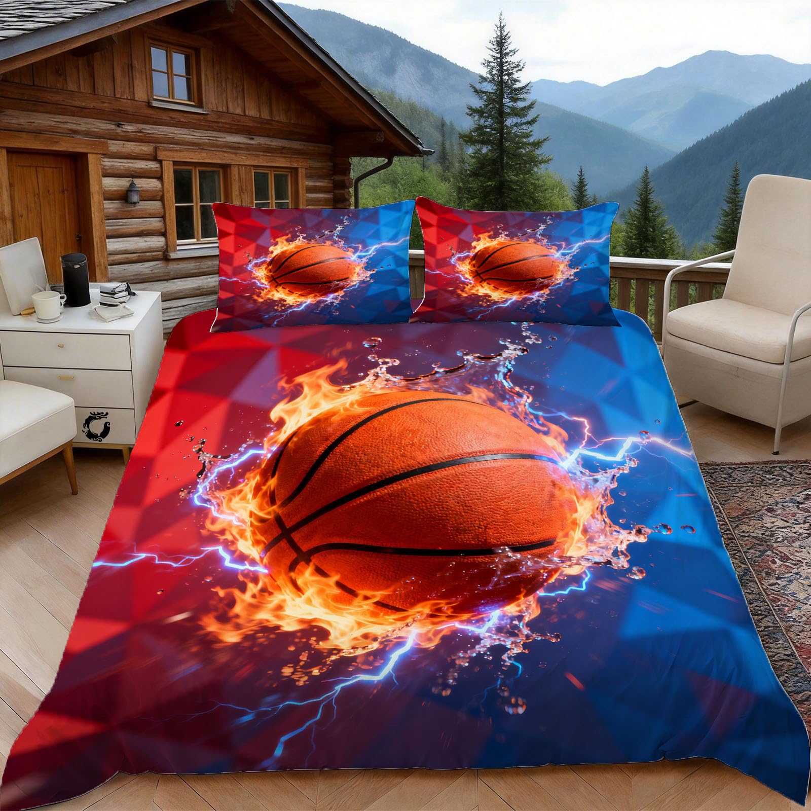 Housse de couette basketball 200x200 cm avec 2 taies pour lit 2 personnes