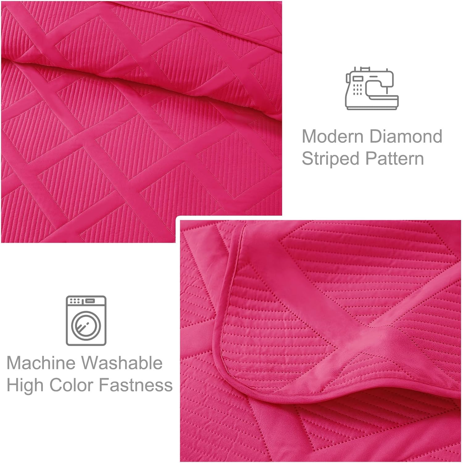Exclusivo Mezcla Twin Size Quilt Set - Hot Pink Quilts Bedding Set with 2 Pillow Shams, Modern Bedspread with Striped Pattern, Soft Lightweight Bedspreads Coverlets for All Seasons - Image 5