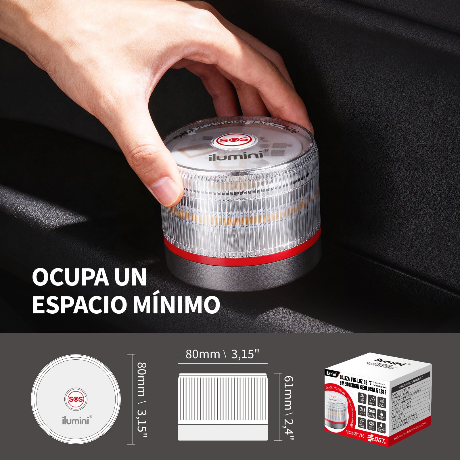 luz de emergencia V16,certificada y homologada por la DGT3.0, con funcionalidad de geolocalización IoT versión 3.0, incluye SIMs datos para 12 años y batería, cumple con la normativa de 2026 (2, gris)