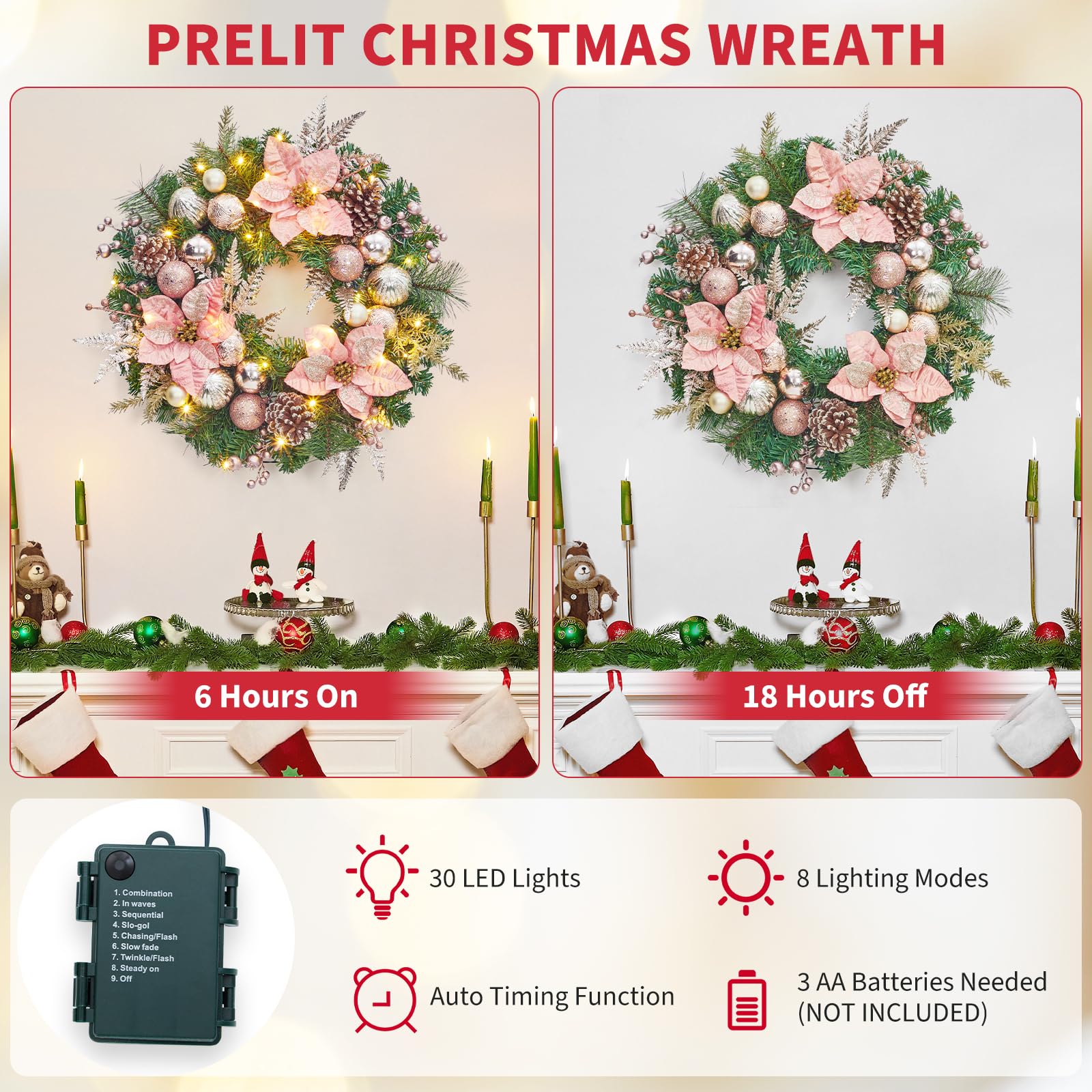 Coronas de Navidad para puerta delantera, corona de Navidad grande de 22 pulgadas con luces, corona navideña iluminada con adornos de bolas de flores para ventana de chimenea, funciona con