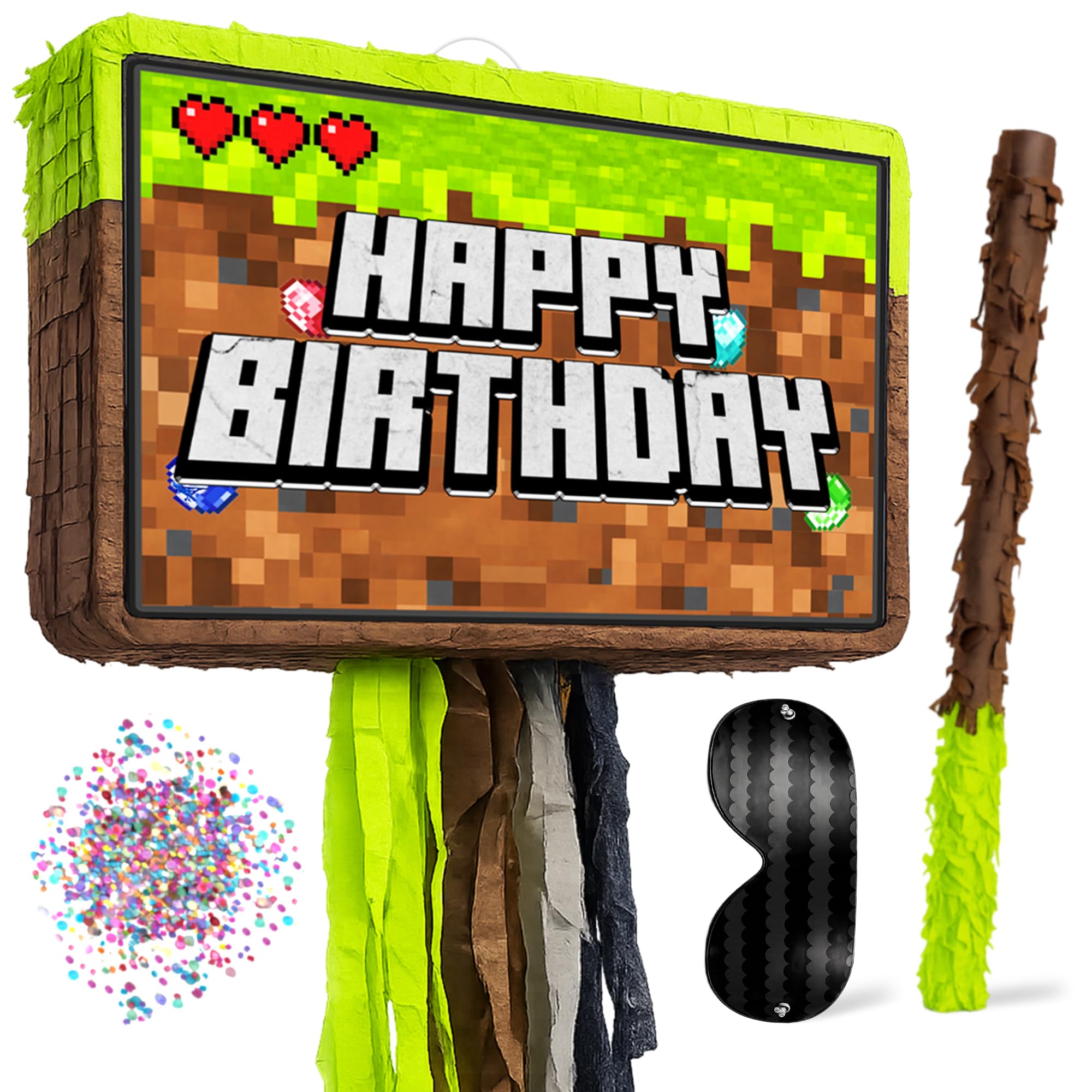 Lot de 4 piñata en forme de pixel minier, parfaites pour les décorations « Happy Birthday », la piñata Level Up, les jeux et les jeux vidéo pour garçons, convient aux cadeaux de fête et aux bonbons