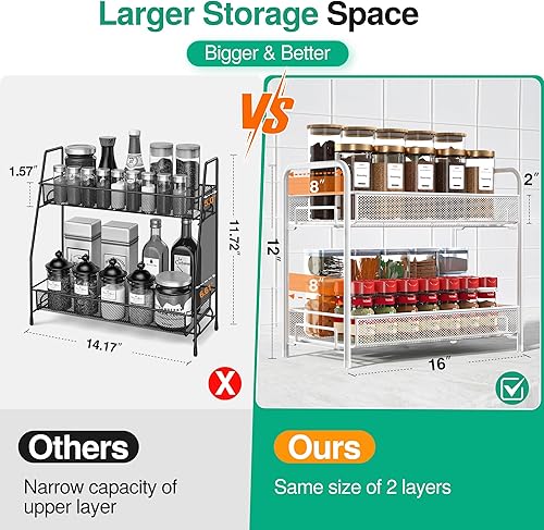 Miniatura 10 de Organizador de especias para encimera, paquete de 2, 2 niveles, plegable, de metal, grande, estante de almacenamiento de condimentos para gabinete