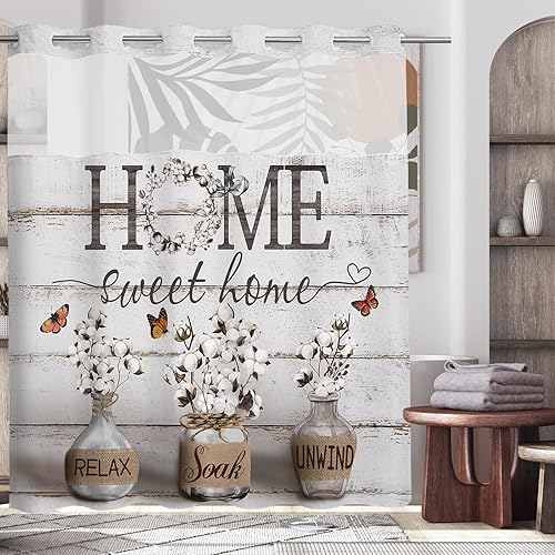 Miniatura 6 de Cortina de ducha rústica sin gancho con forro a presión, decoración rústica de baño de flores de algodón con tela impermeable, cortinas de ducha