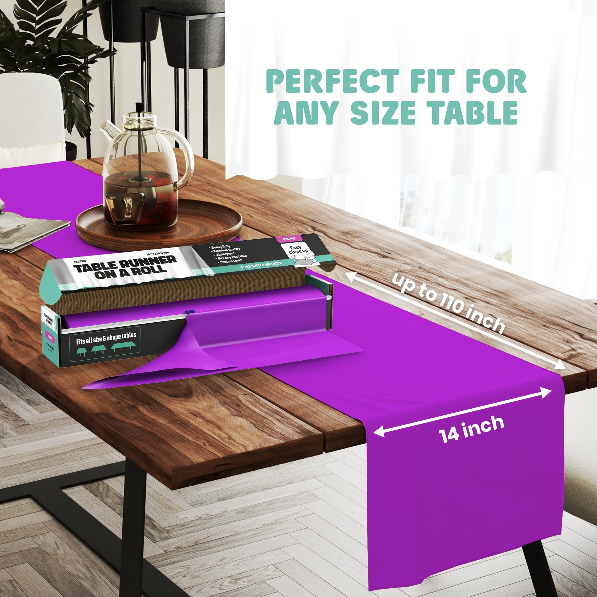 Purple Disposable Table Runner - 54" X 110' Plastic Tablecloth Roll With Cutter Box For Parties, Weddings & Events