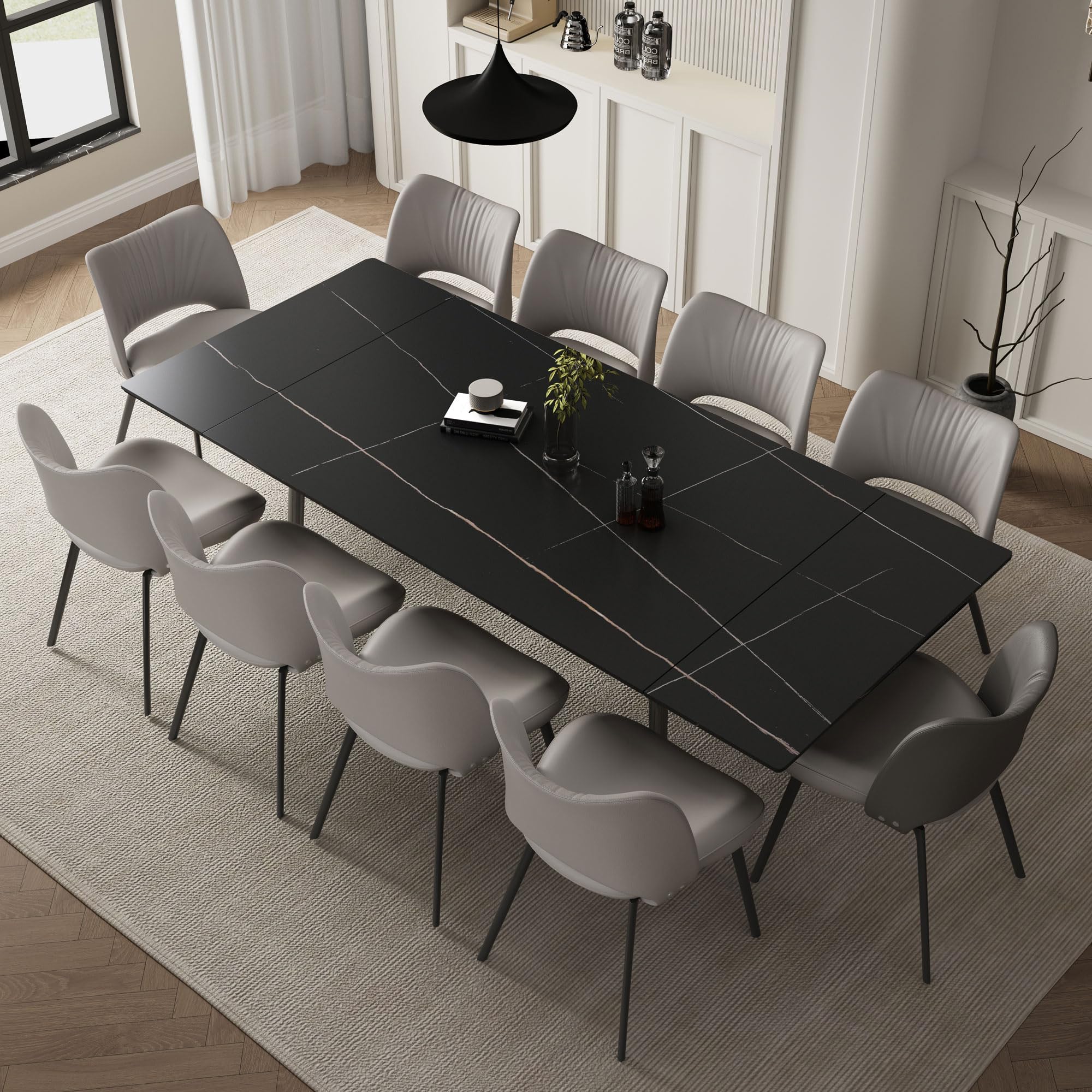 Extendable Dining Table (62.9" to 94.4") for 6 to 10 - Modern Rectangular Sintered Stone Table with High Hardness and Easy Maintenance - Stylish Black