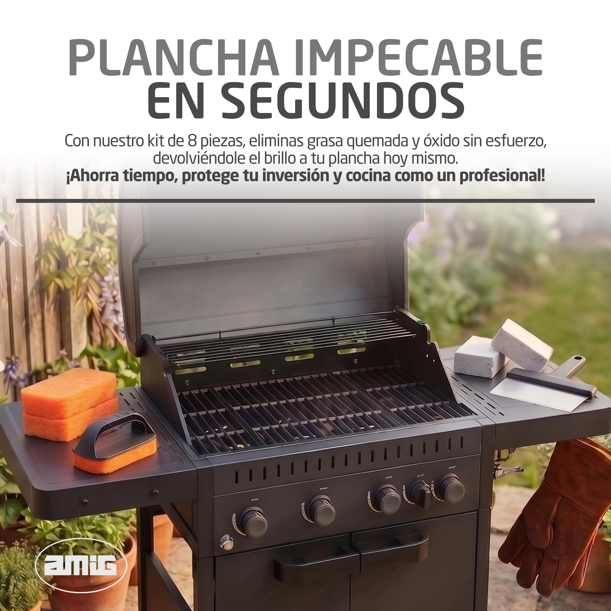 Amig - Kit 8 accessori pulizia barbecue AM22 - Raschietto 23 cm + 3 spugne in poliestere + 1 spugna in PP + 3 blocchi pulizia - Acciaio inox e polipropilene