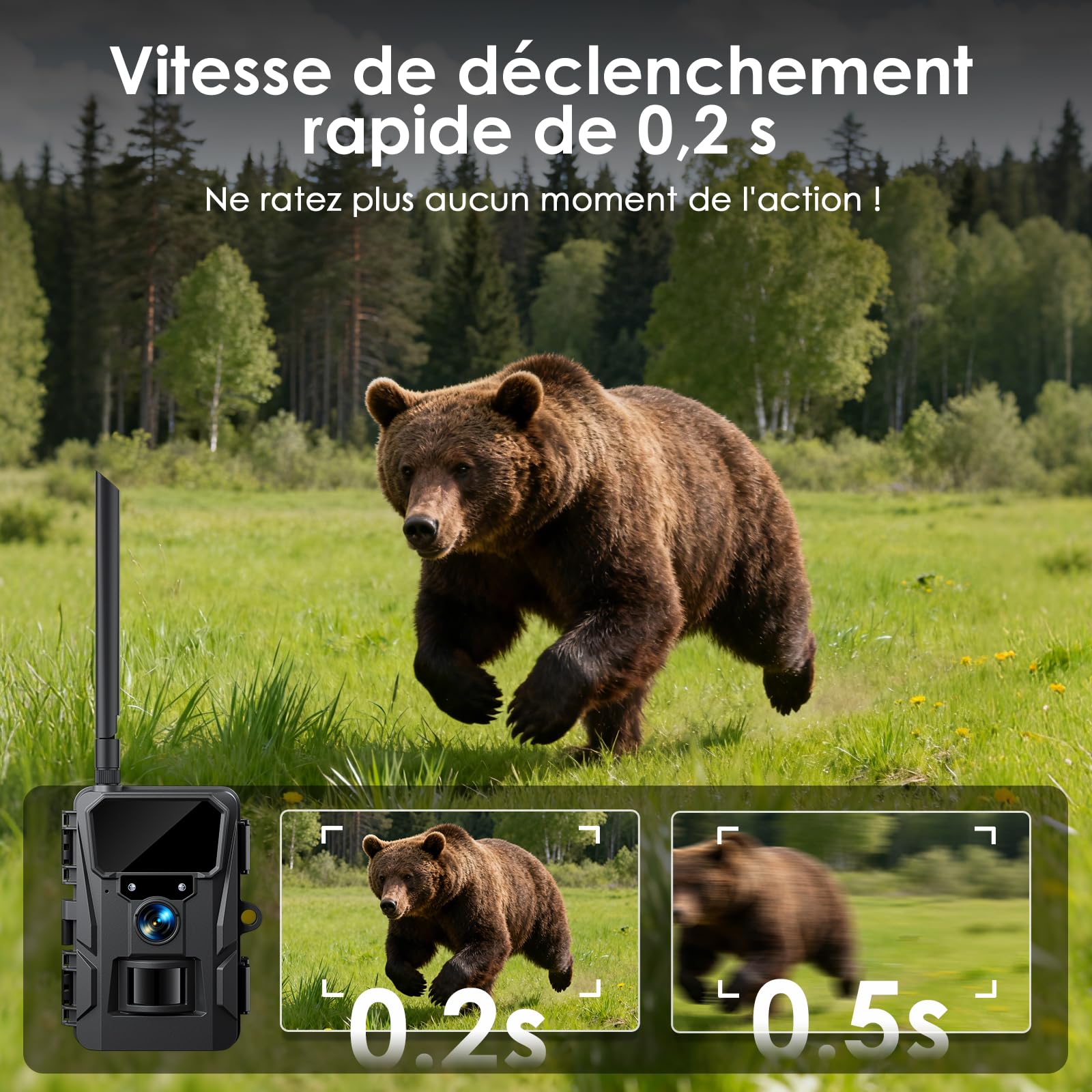 WOLFANG Caméra de Chasse cellulaire 4G LTE à énergie Solaire, caméra de Chasse 2K 48 MP avec Batterie 5200 mAh, écran de 2,0", contrôle par Application, Vision Nocturne, déclencheur de Mouvement de