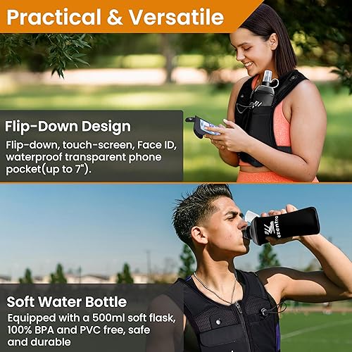 Miniatura 4 de Chaleco de correr con cremallera, chalecos reflectantes para correr con 6 bolsillos, botella de hidratación de 16.9 fl oz, pecho y cintura