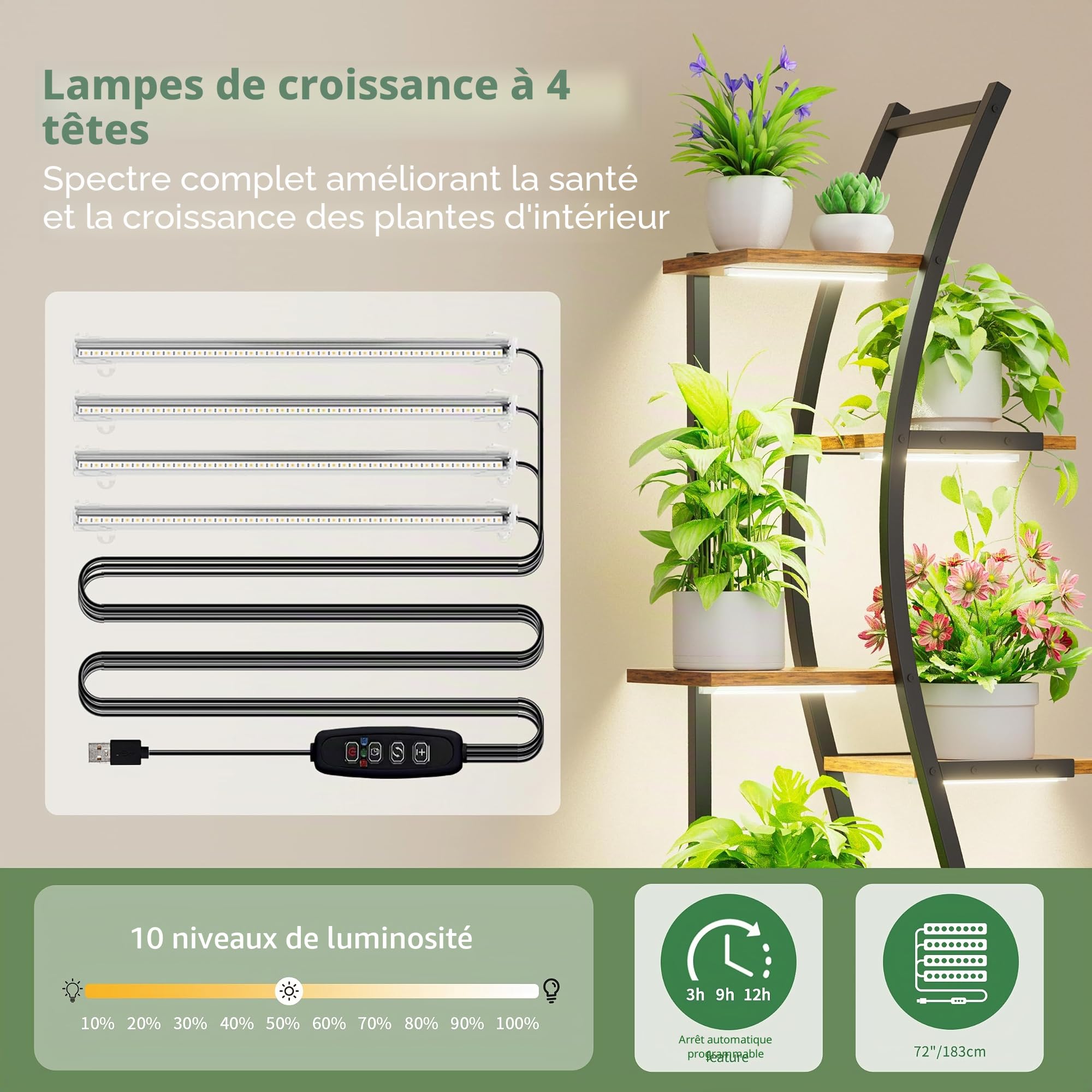 JUSTOGO Support de fleurs avec lumières de croissance - Étagère d'intérieur à 7 étages en bois et métal - 160 cm - Grande étagère pour salon, balcon, chambre à coucher