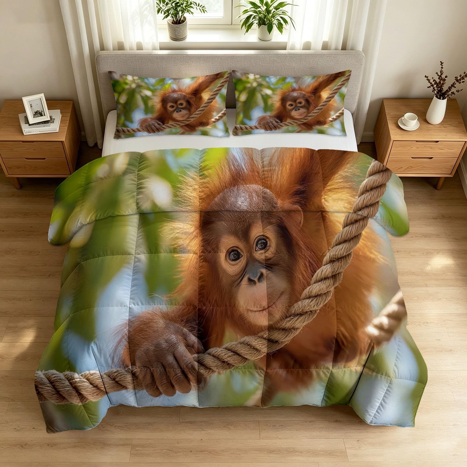 Couette mignon singe corde chanvre 220x240 avec edredon léger réversible et taies 65x65