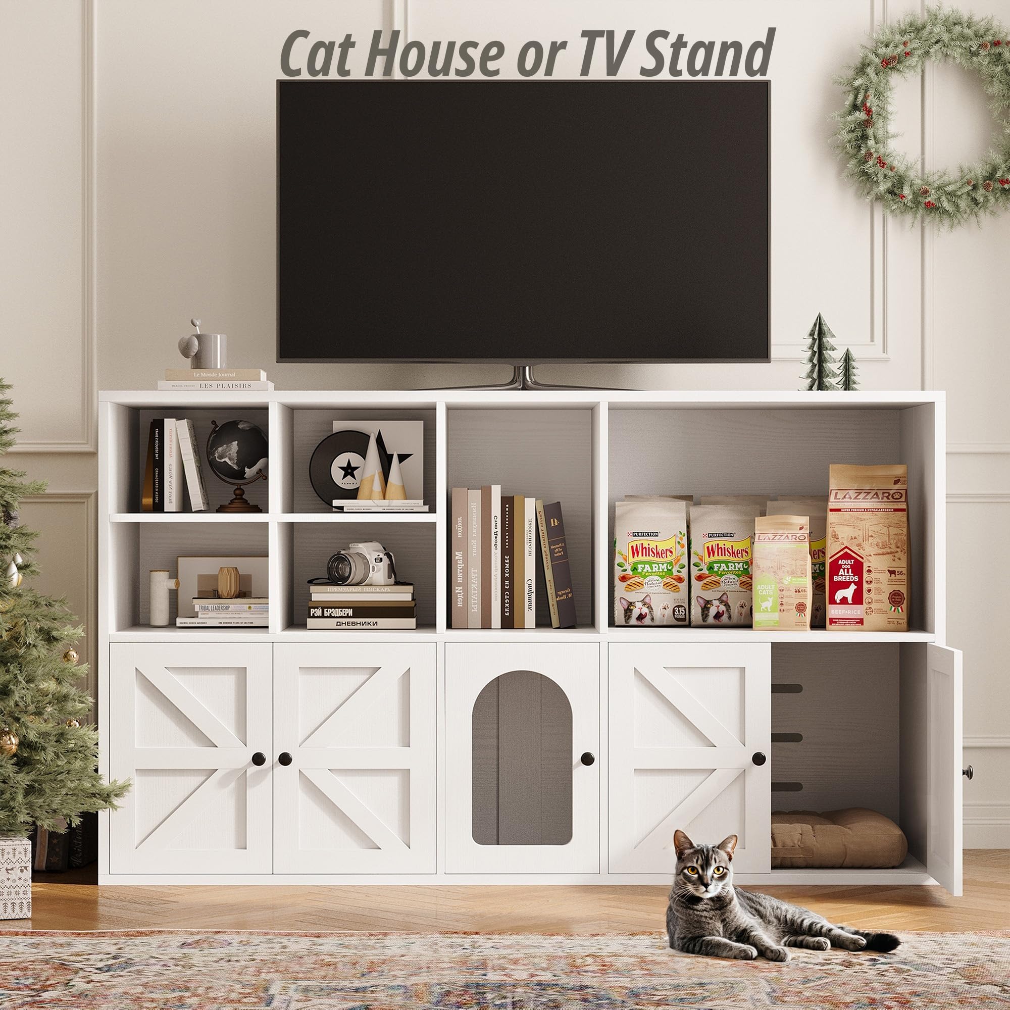 IRONCK Cat Litter Box Enclosure for 2 Cats, Litter Box Furniture Hidden with Double Room and Large Storage Space, Wooden Washroom Furniture, Cat House, White - image 6