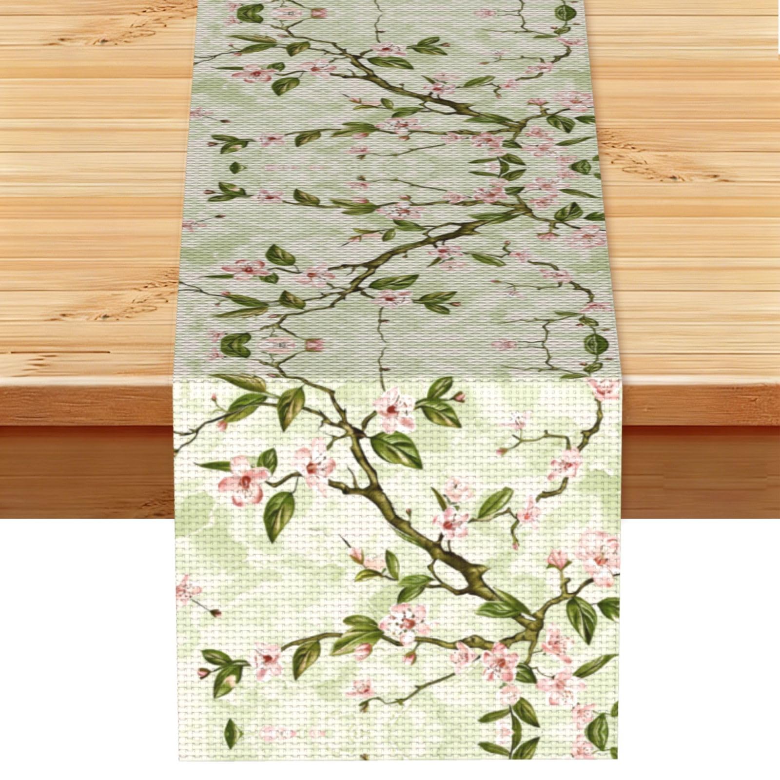 Elegant Pink Green Blossom Printed Table Runner 13 x 72, Wrinkle Resistant Decor for Dining Table Coffee Table Fireplace
