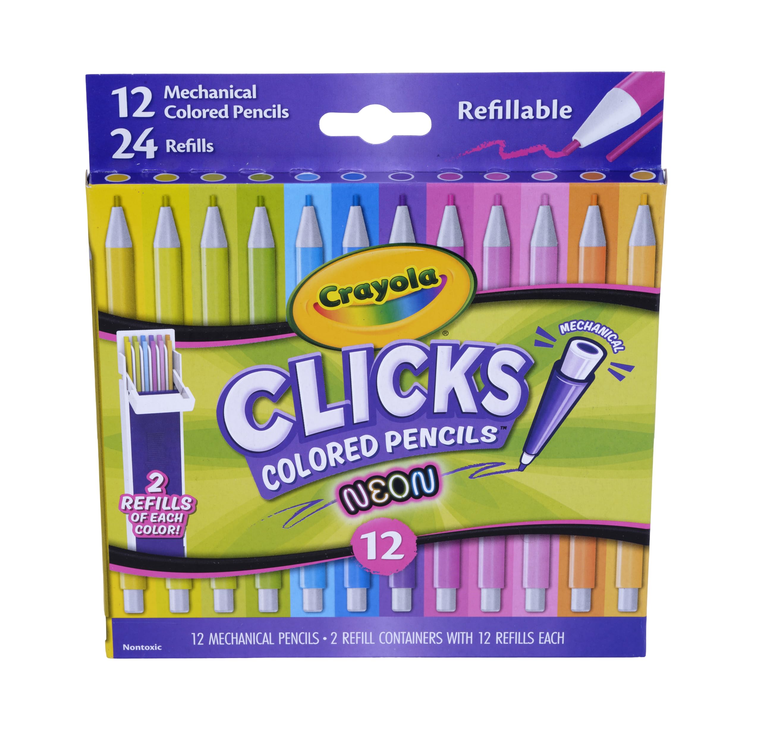 Crayola Clicks 2.0mm Mechanical Colored Pencil Set, 12 Neon Colors, 24 Replacement Cores - main product image