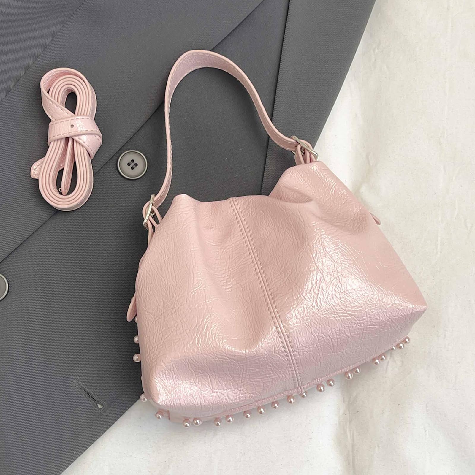 Bolso de piel sintética con cordón, bolso de mano con correa para el hombro