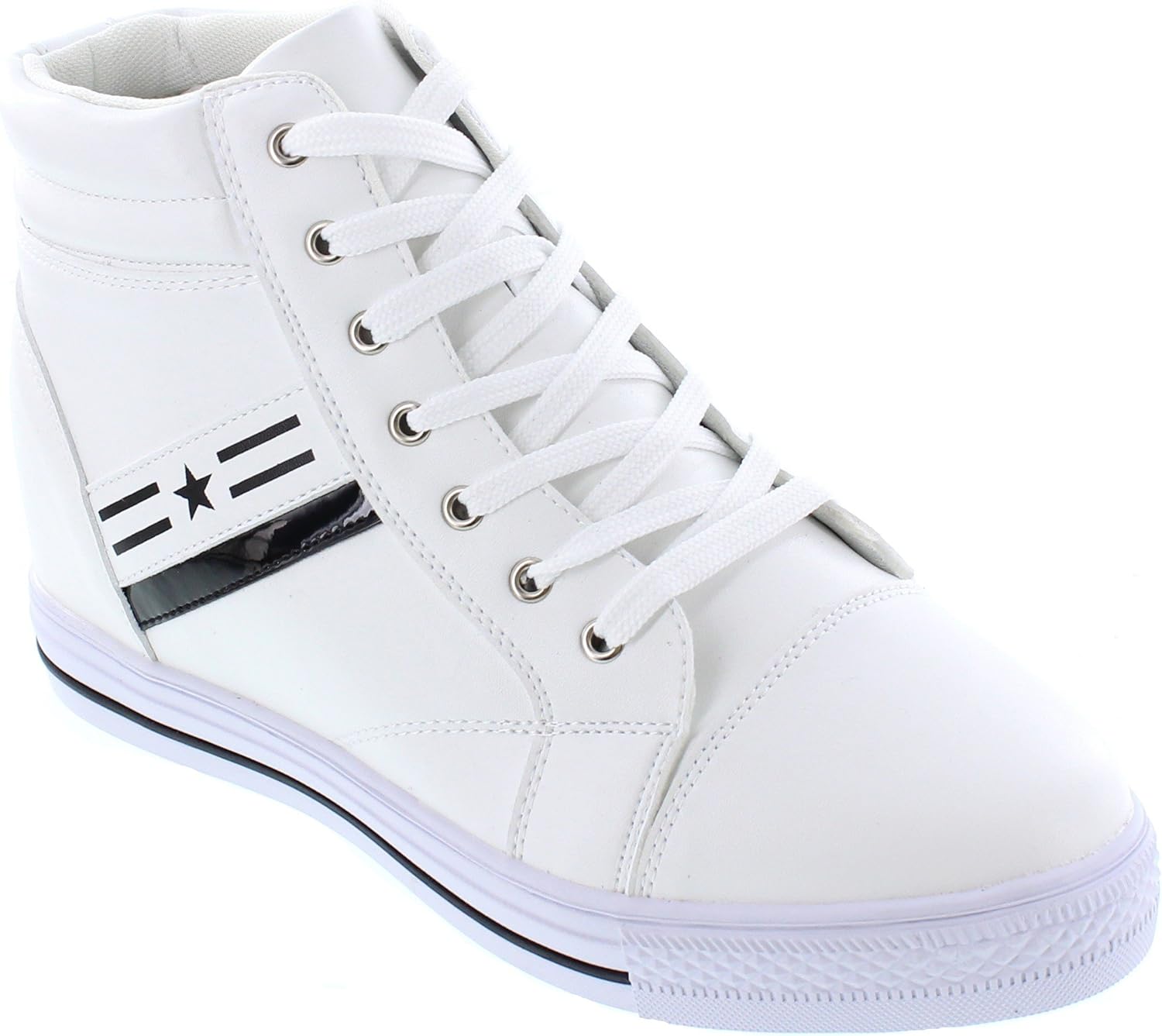Calden Men's Invisible Height Increasing Elevator Shoes - White Leather Cap-Toe Lace-up High-top Sneakers - 3 Inches Taller - K107222 - Size 9 D(M) US