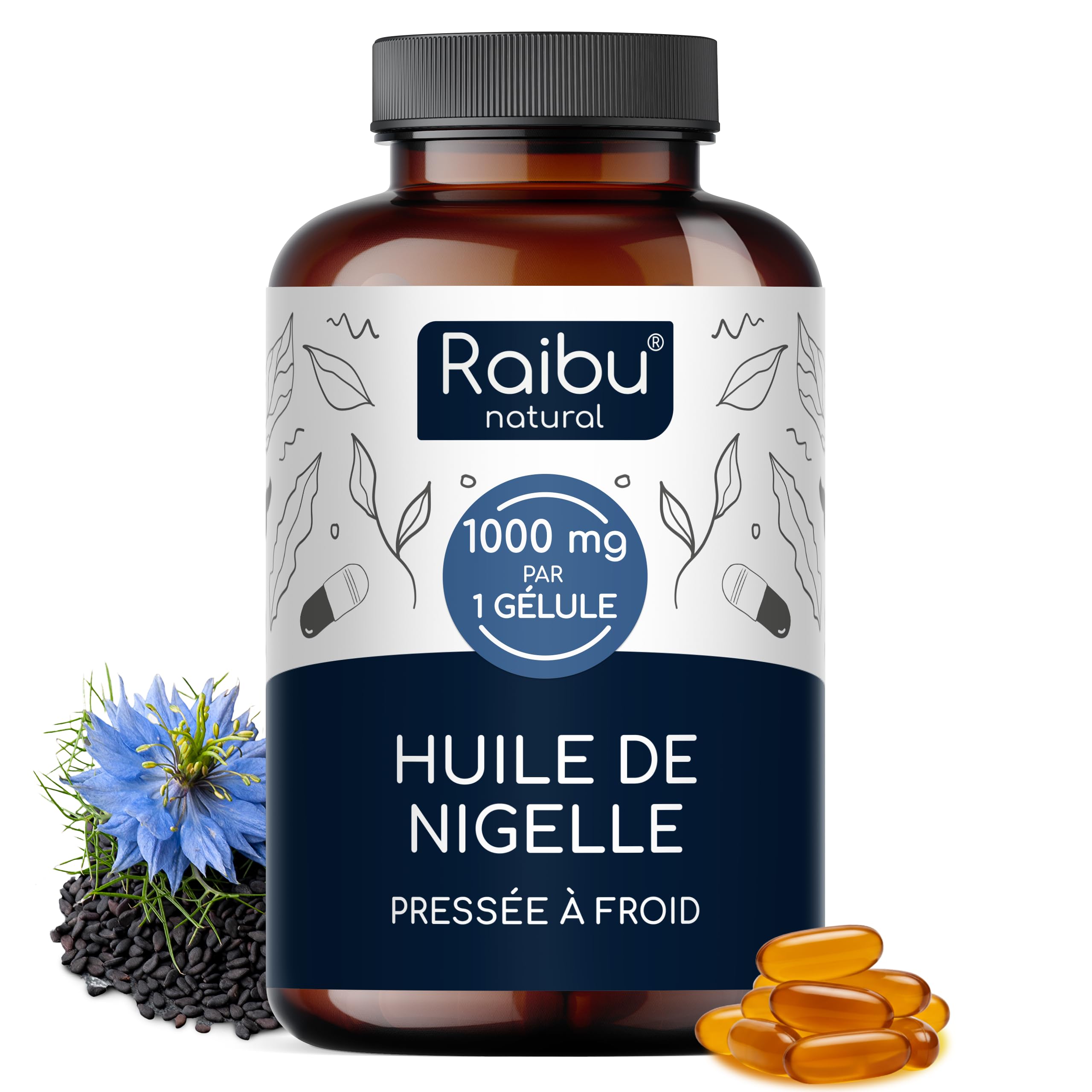 Huile de nigelle pure - 1000 mg d’huile de cumin noir par gélule (1 par jour) - Provision pour 6 mois - Nigella sativa pressée à froid - 59 % d’acide linoléique - 180 gélules