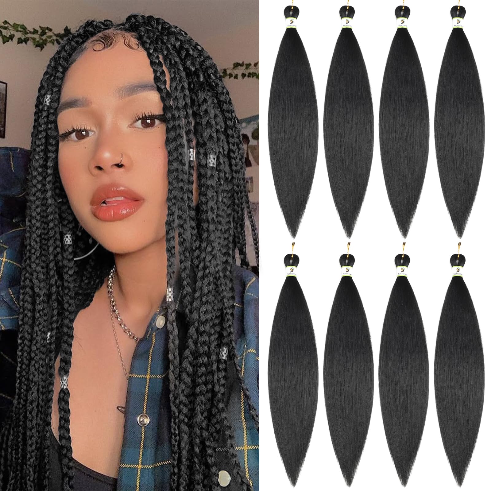 Nescorner Braiding Hair Pre Stretched, 24inch 8 Pack Black Pre Stretched Braiding Hair for Women, Yaki Straight Texture for Boho Twist Crochet Braids