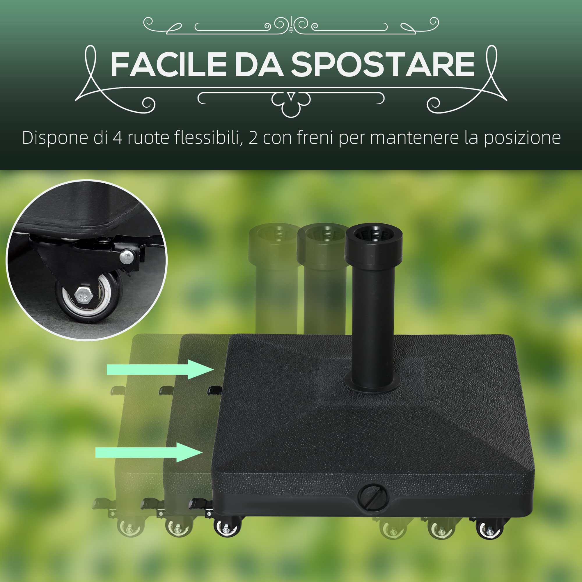 Outsunny Base per Ombrellone con Ruote Riempibile Fino a 20kg, Base Ombrellone in HDPE per Pali da Ø22-38mm, 45x45x39cm, Nero
