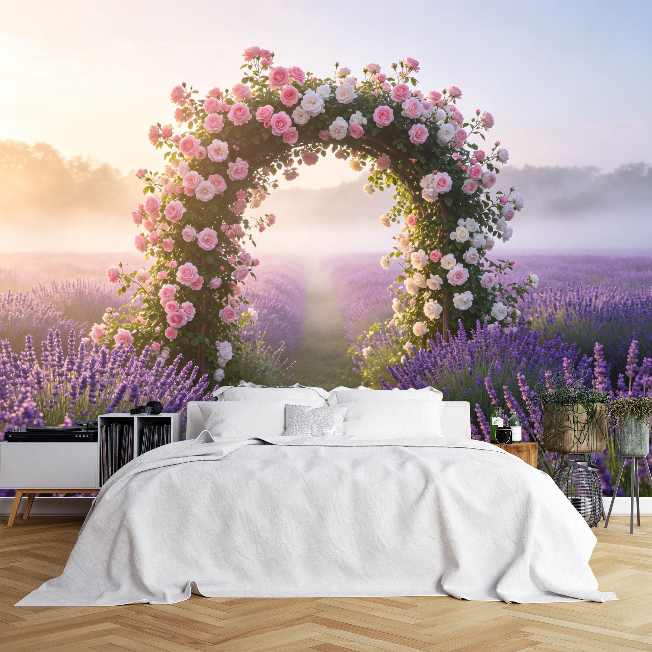Lcythiazole Ch260615220 Custom Size Wall Murals Rose Arch Lavender Field Misty Morning Realistic Self-Adhesive Wall Fabric (No Pvc) Removable Wallpaper For Bedroom Decor